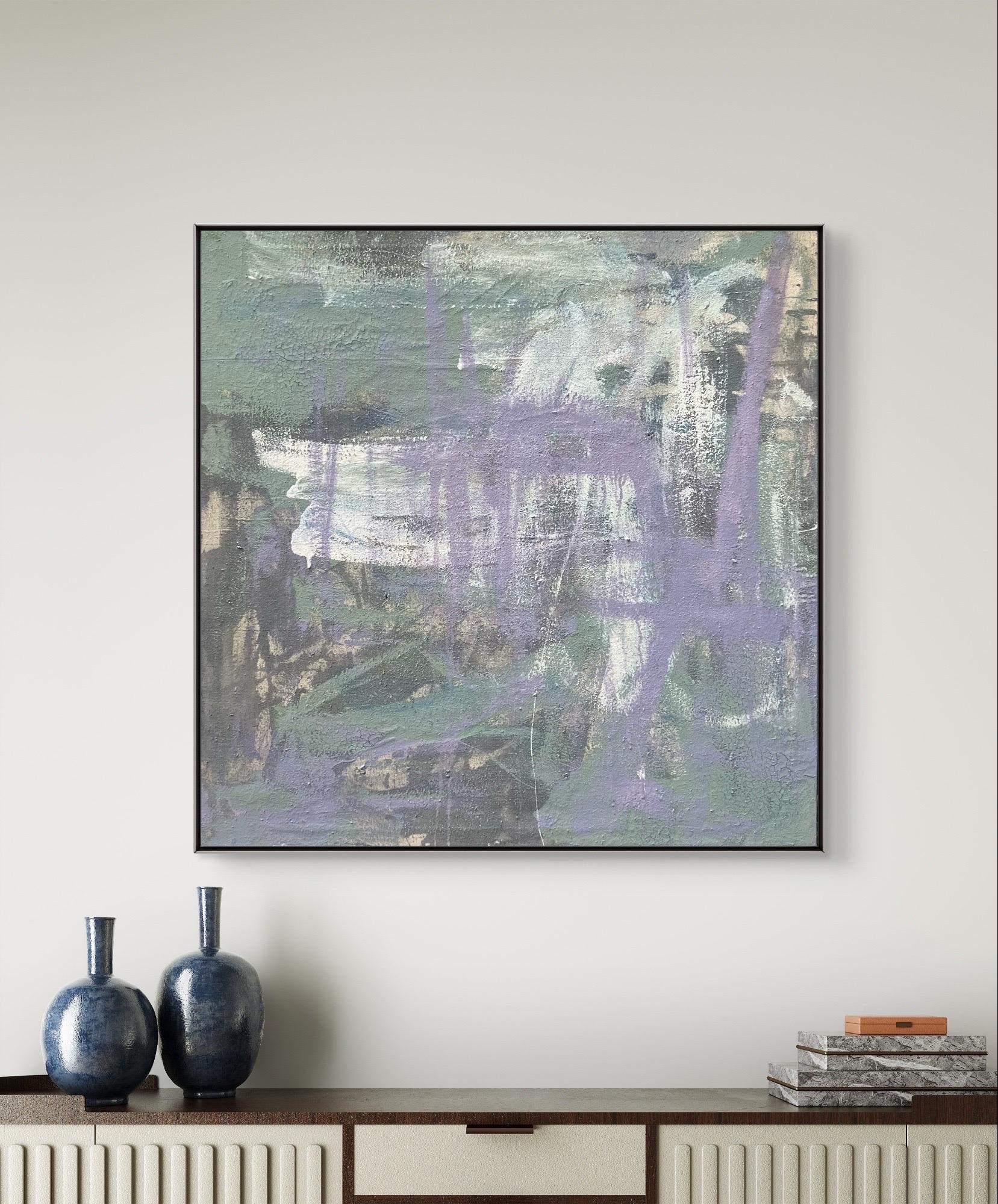 Oil on Canvas Painting Titled “AbEx Mauve Series 24” 33 x 33 - Gray Abstract Painting by Mirtha Moreno