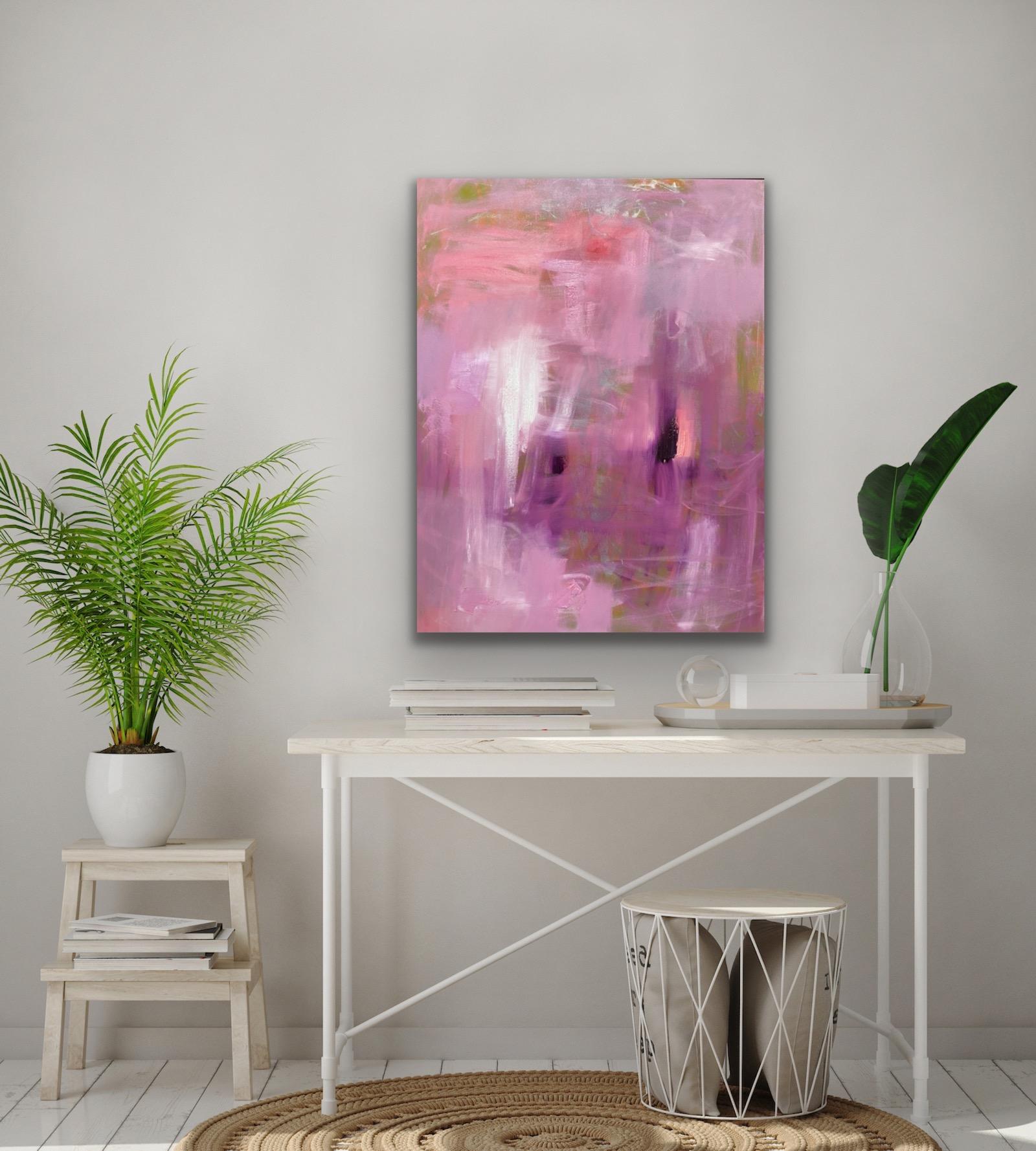 Original Oil Painting on Canvas Titled: Pink Moon - Brown Abstract Painting by Mirtha Moreno