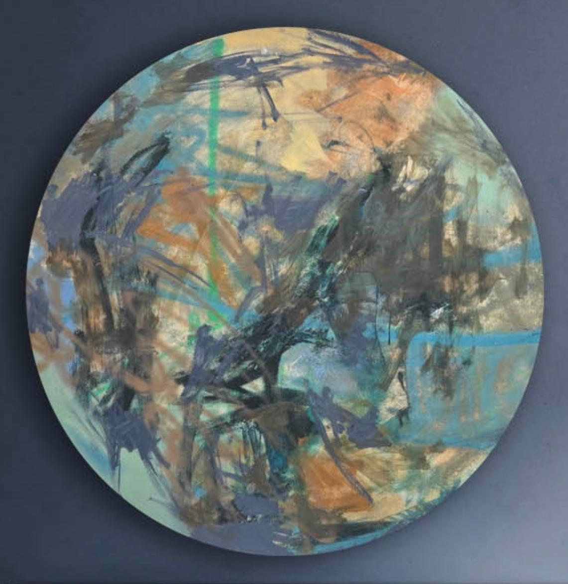 Mirtha Moreno Abstract Painting – Rundes Ölgemälde auf Tafel mit dem Titel: Moodswing