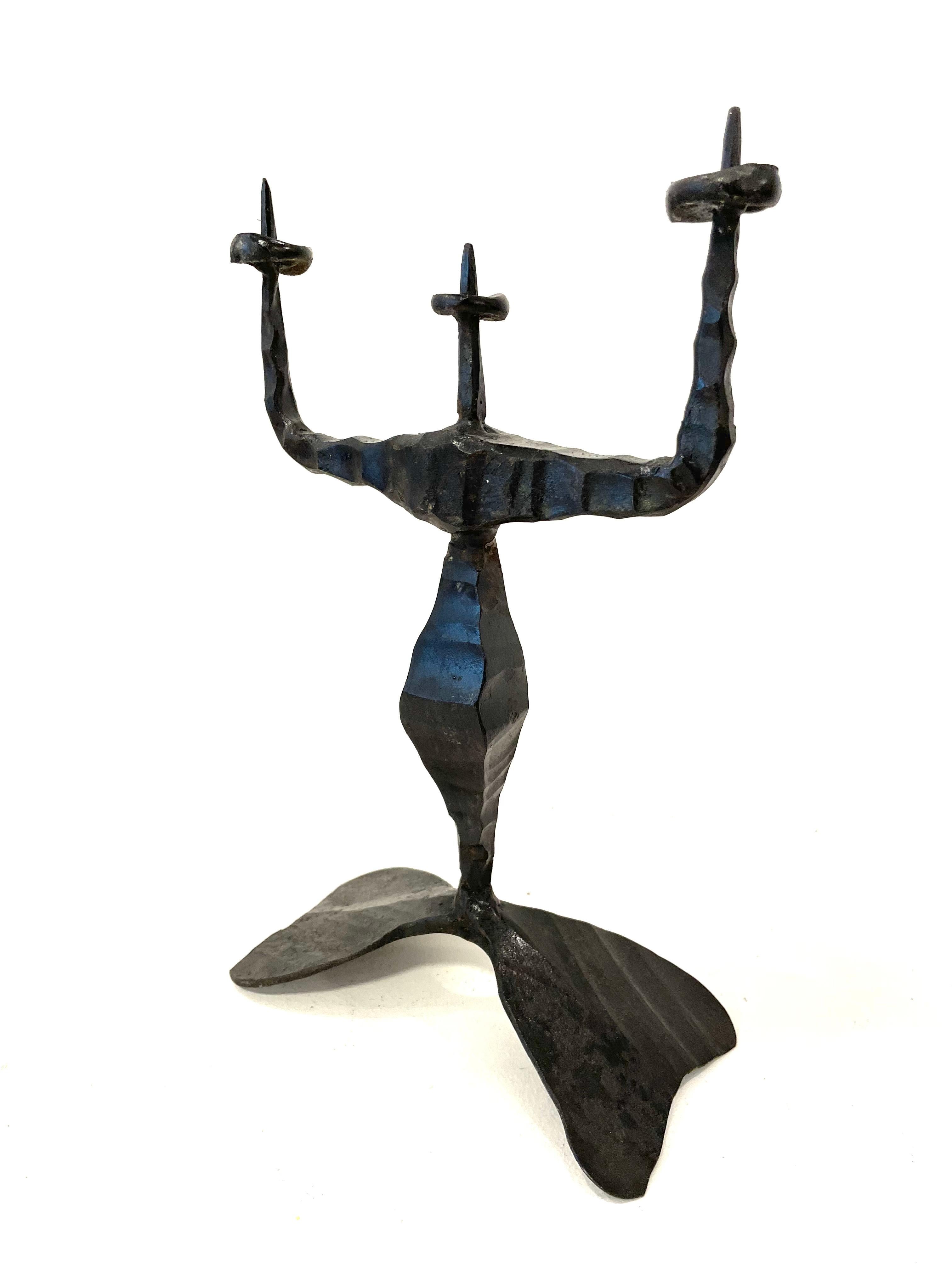 Hand-Crafted Mid-20th Century Israeli Brutalist Iron Candlesticks  by David Palombo For Sale