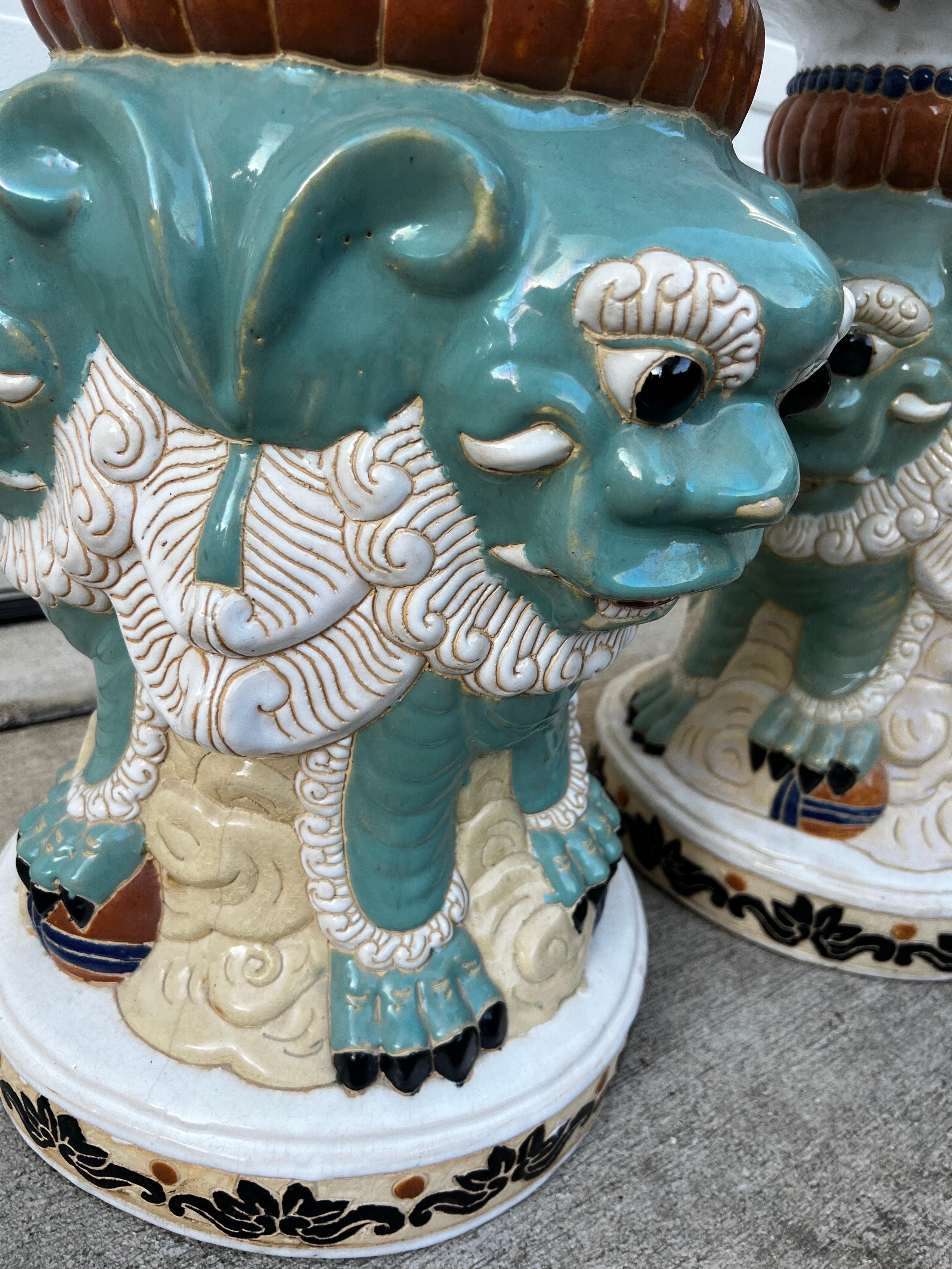 Chinoiserie Mid-Century 3 Face Foo Dog Garden Stools- A Pair  For Sale