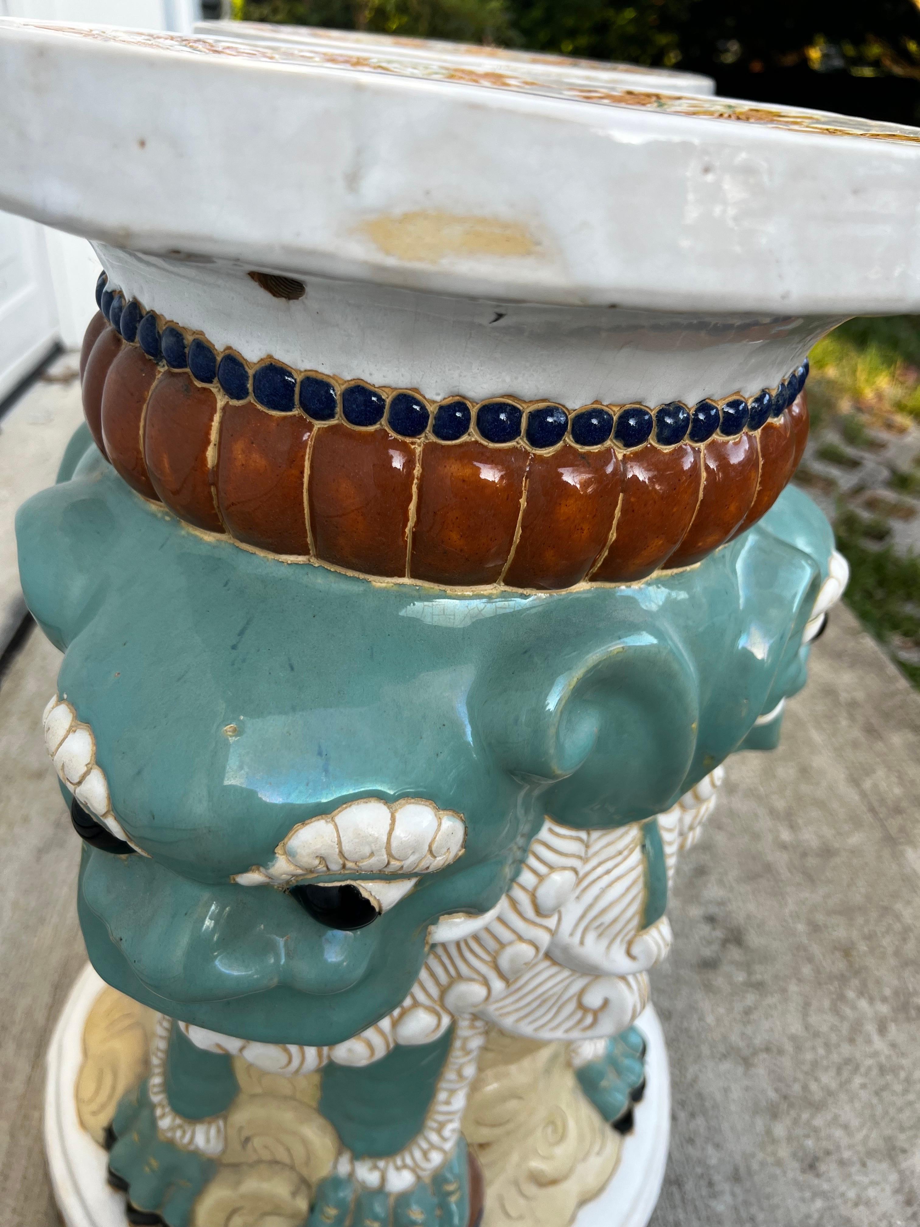 Glazed Mid-Century 3 Face Foo Dog Garden Stools- A Pair  For Sale