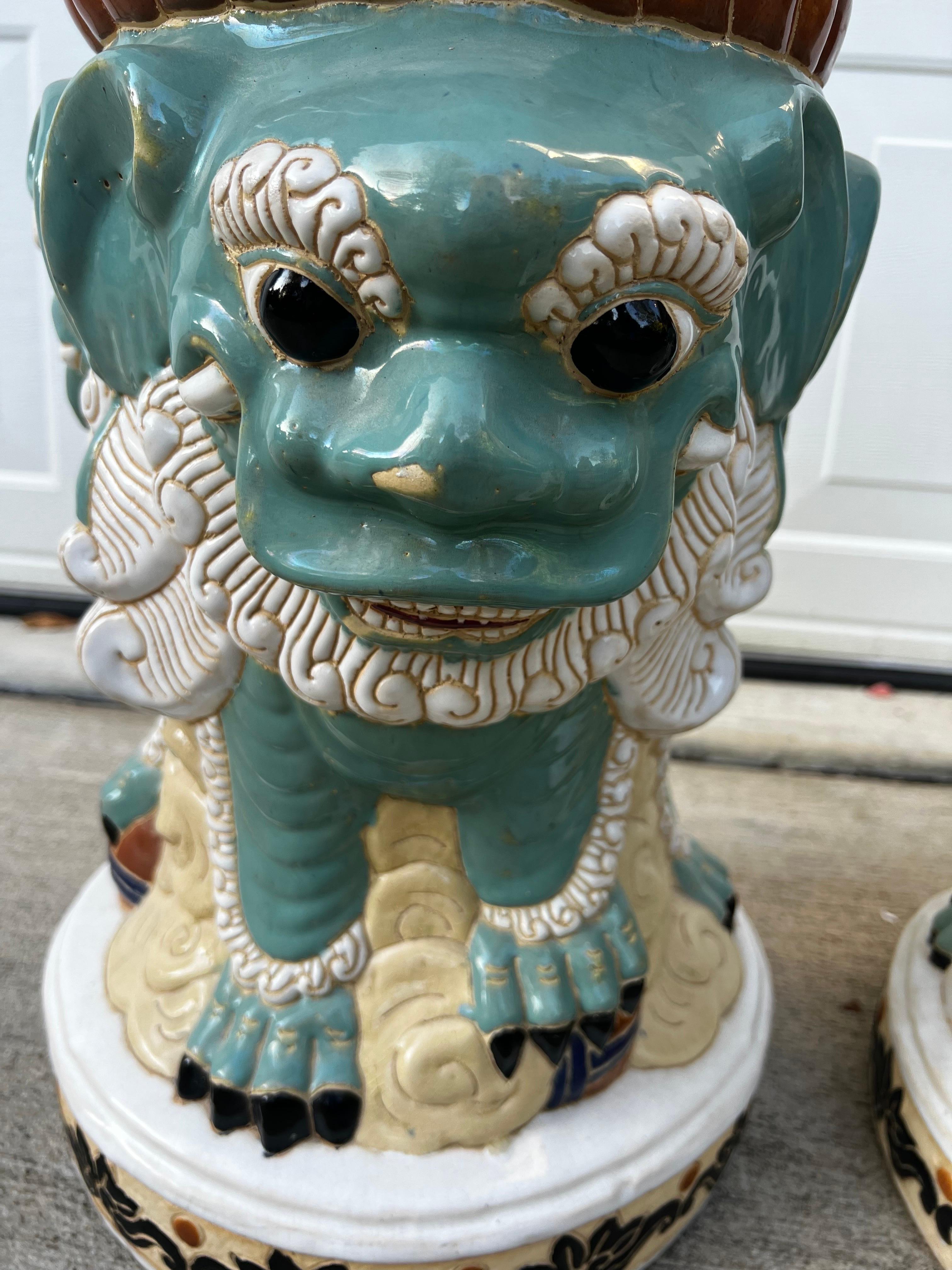 Mid-Century 3 Face Foo Dog Garden Stools- A Pair  In Good Condition For Sale In Fort Washington, MD