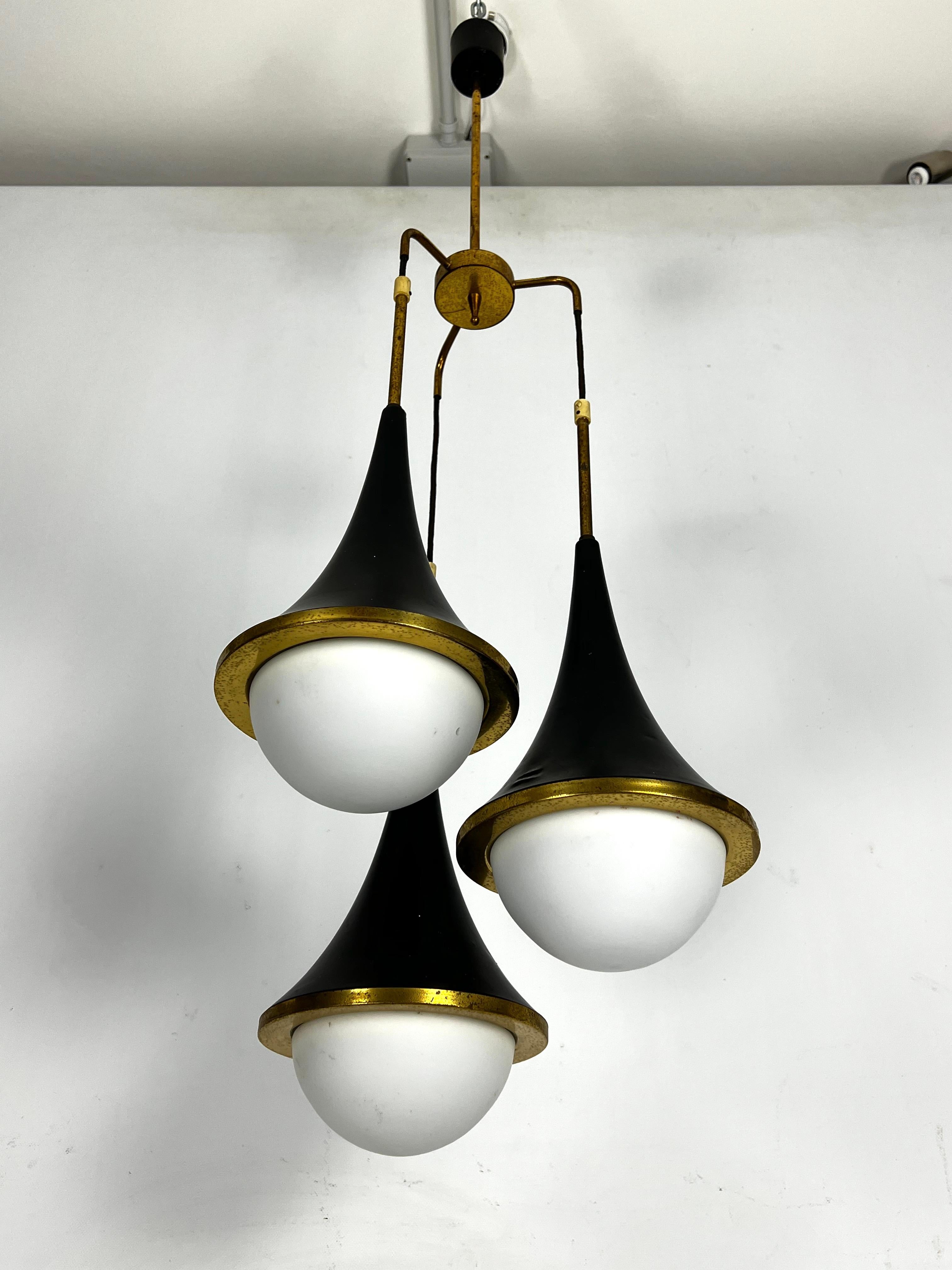 Italian Mis-Century Stilnovo pendant with three lights. Italy 1950s For Sale