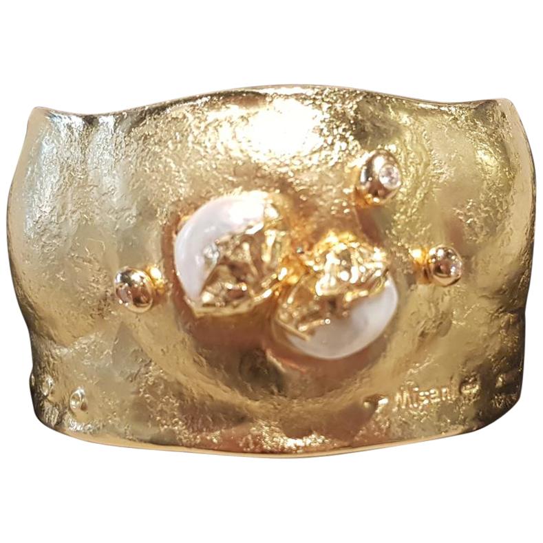 Misani 18 Karat Yellow Gold Freshwater Pearl Bangle Cuff Bracelet  For Sale