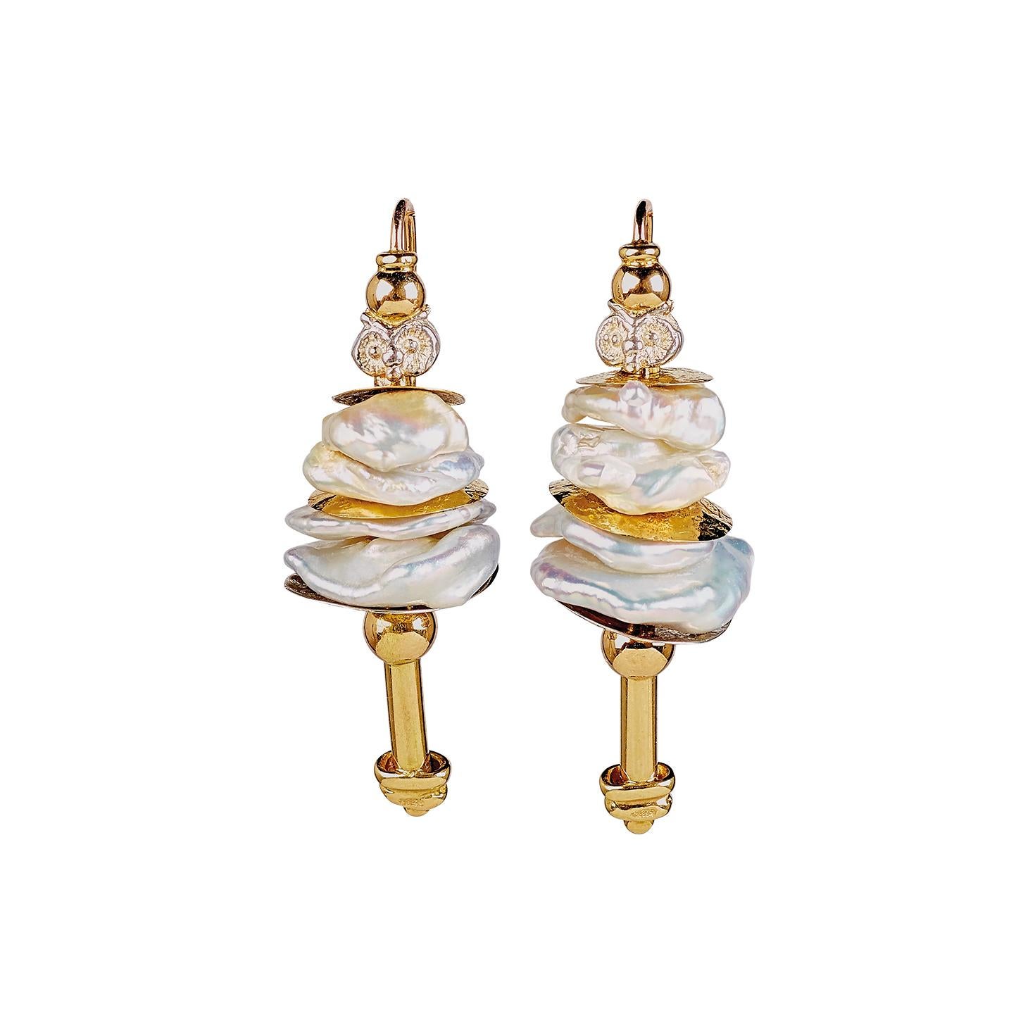 Misani Kashi Freshwater Pearls Yellow Gold 18 Karat Drop Dangle Earrings For Sale