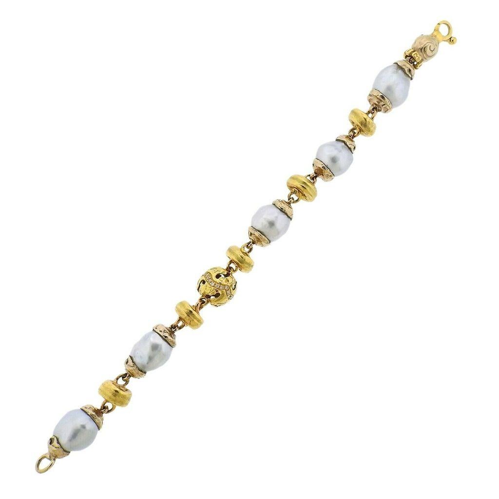 Misani Italy 18k gold bracelet, set with Baroque pearls and approx. 0.30ctw in G/VS diamonds. Bracelet is 7.25