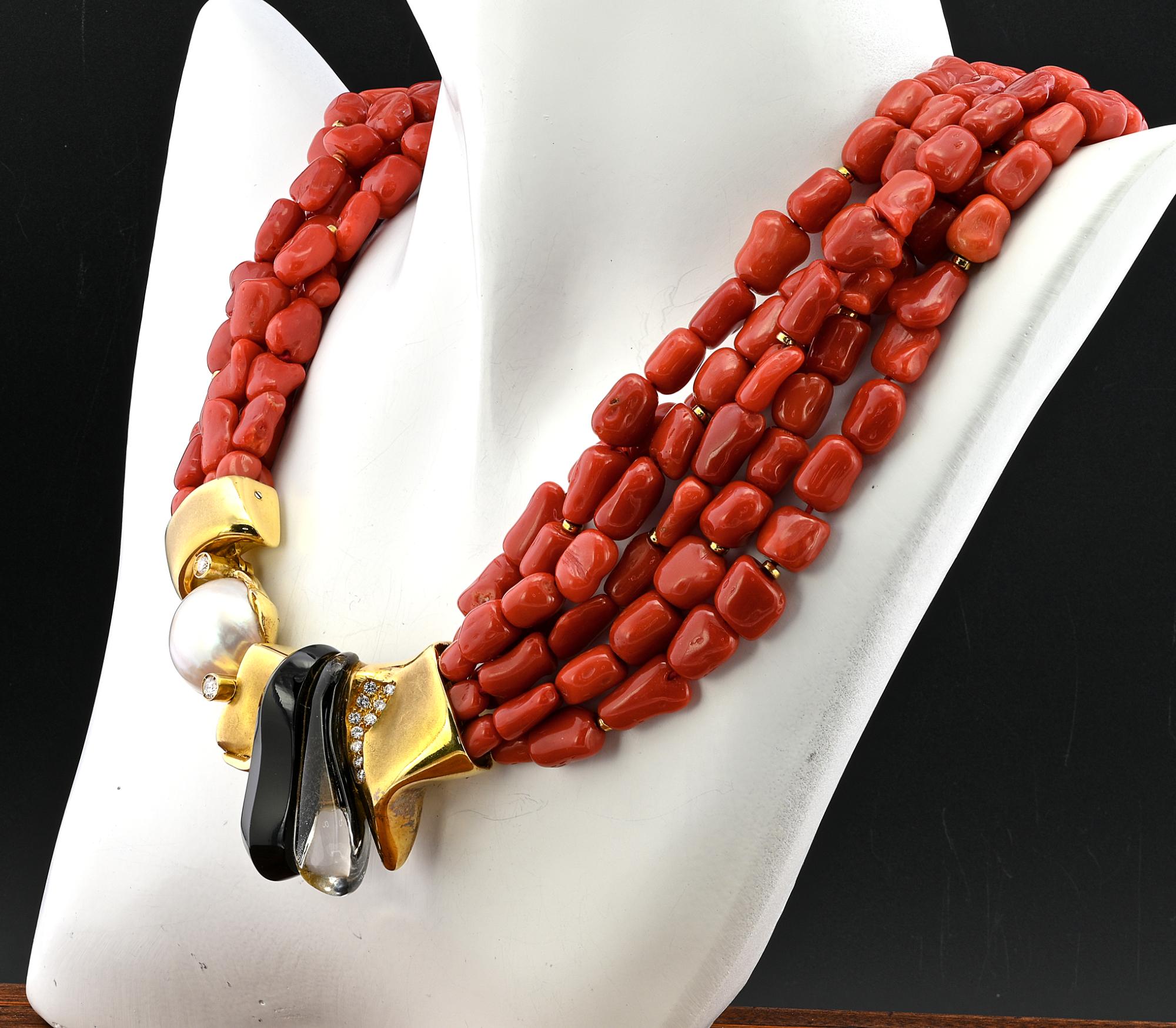 da uomo o donna Collana Misani Milan Sardinia in corallo a più fili con diamanti e perle Onyx 18 KT in vendita
