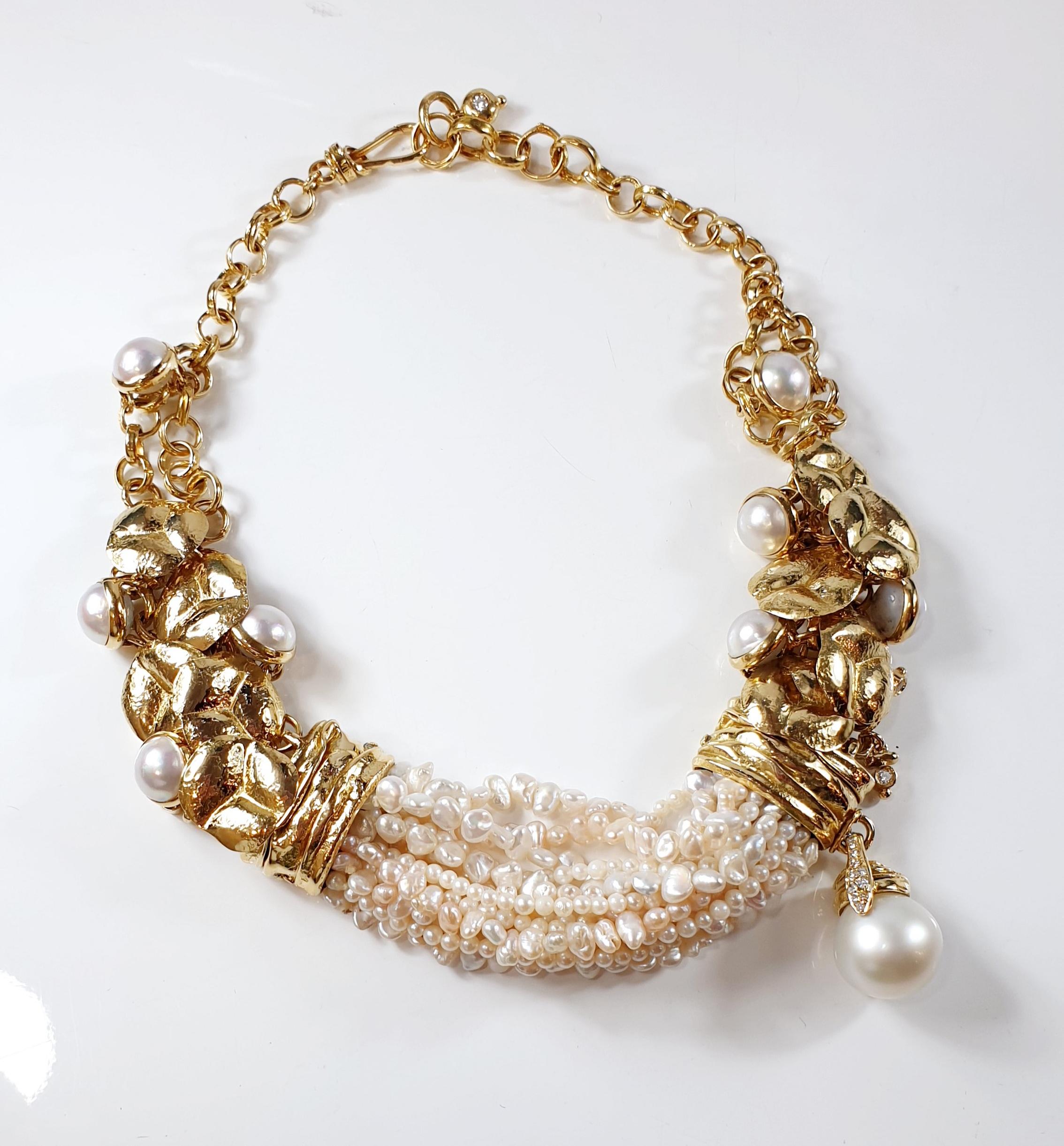 Misani Milano Australienische Perlen-Diamanten  18k Gold Choker Halskette aus den 80er Jahren (Rundschliff)