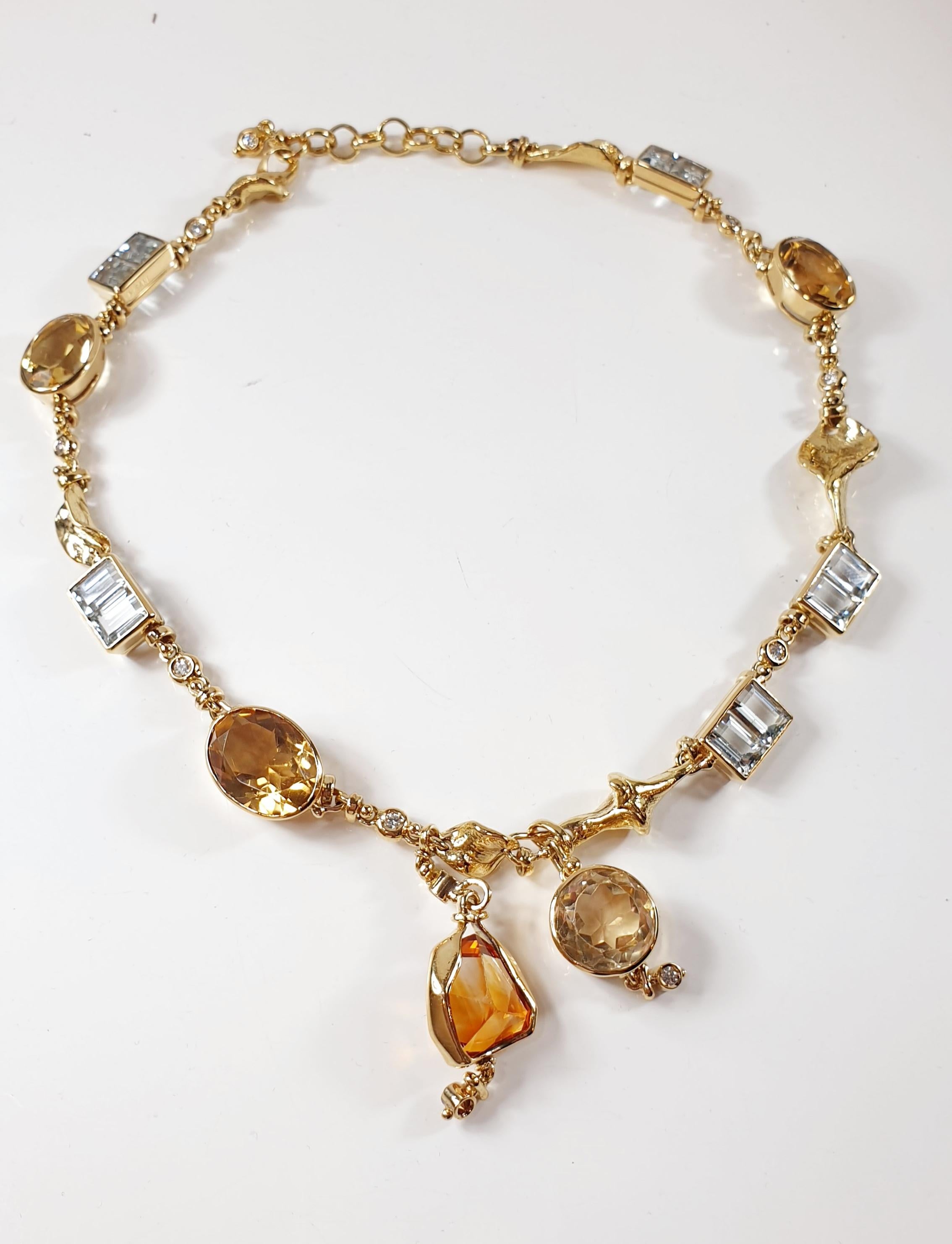 Montenapoleone Collection Misani Milano Handmade 18k gold necklace with citrines, topaz, aquamarine  and diamonds 
12 diamonds in brilliant cut of 0,.08ct diamonds total 0.62ct 
5 Citrine of several shapes and size around 10.00 ct each about 50.00ct