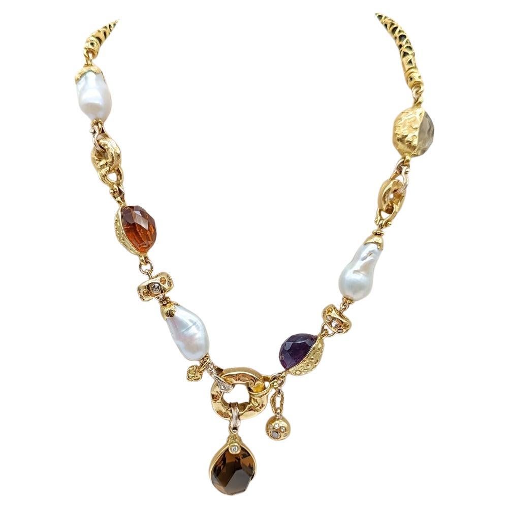 Misani necklace with leather surrounded by yellow gold motifs, center pendant a pear-cut citrine set in yellow gold with a brilliant at the top, 2 donut with yellow and white brown diamonds, and a ball with a central yellow brilliant and diamond