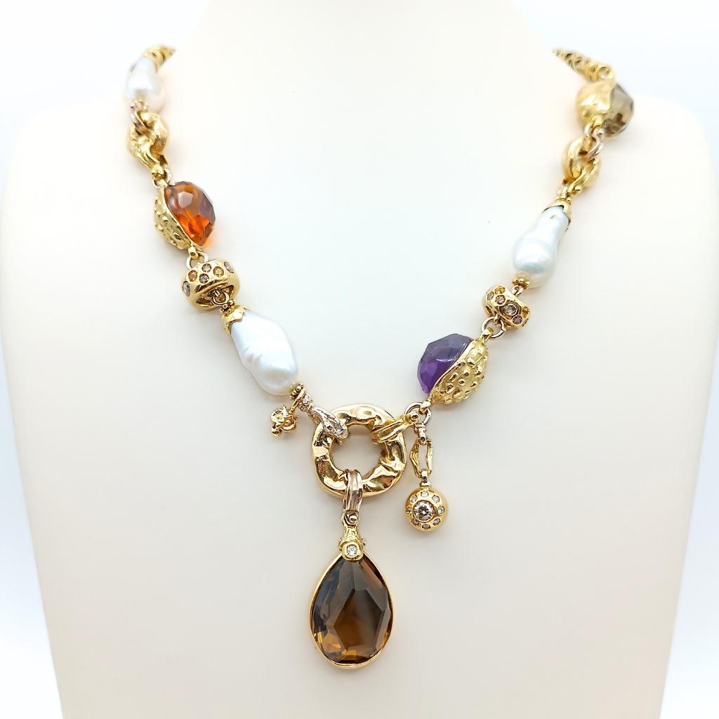 Misani necklace in gold with pearls and differents quartz For Sale 3