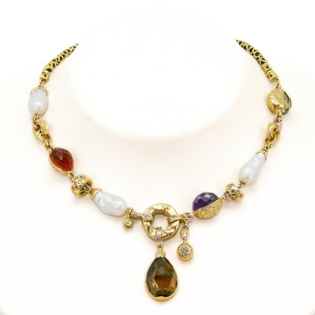 Misani necklace in gold with pearls and differents quartz For Sale