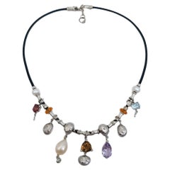 MISANI White Gold and Leather Multi-Gem Charm Necklace with Pearls and diamonds