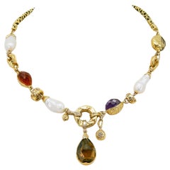 MISANI Yellow Gold Multi-Gem and Diamond Leather Necklace with Citrine Pendant