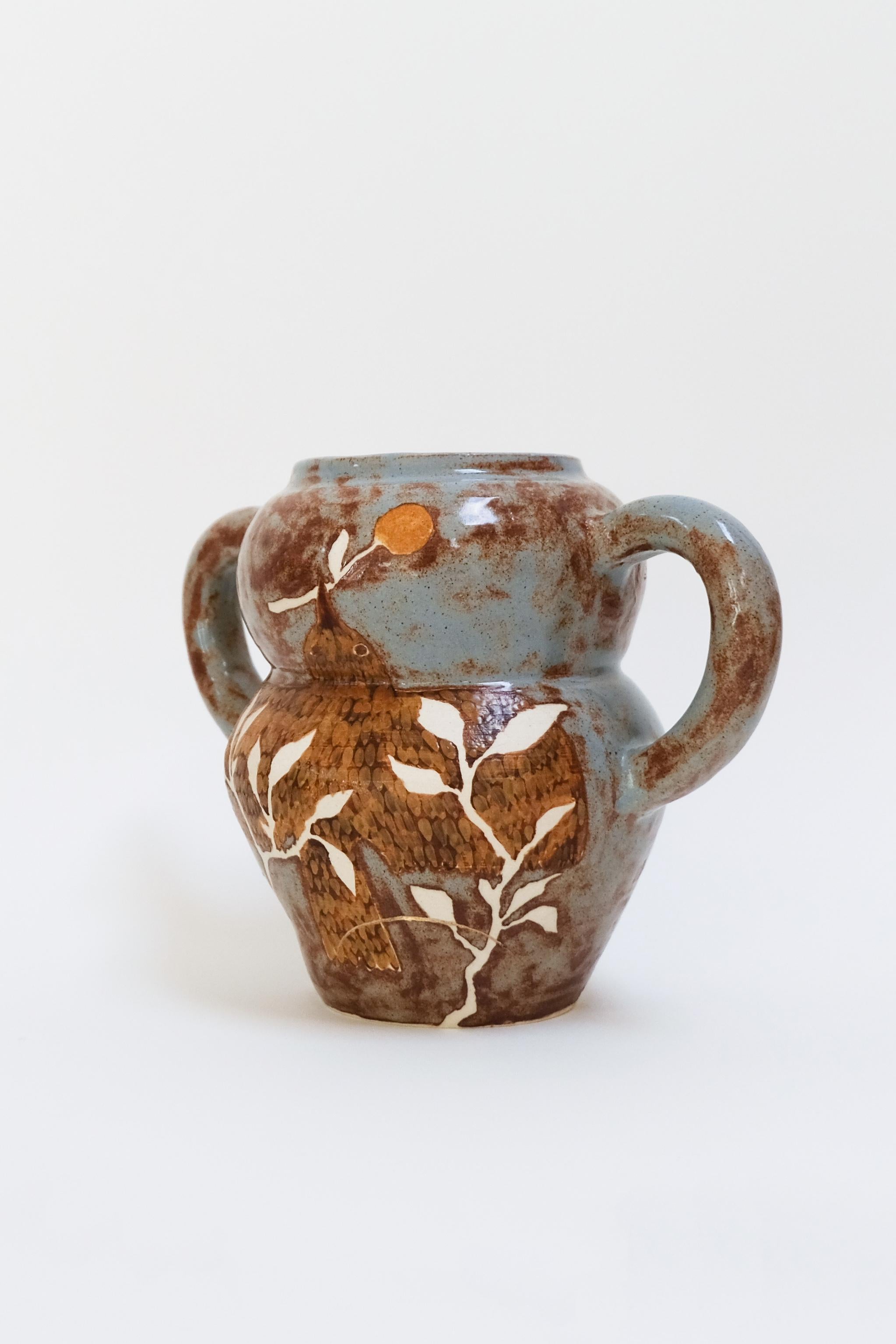 Messenger - contemporary warm botanical bird, handled ceramic vase, functional For Sale 1