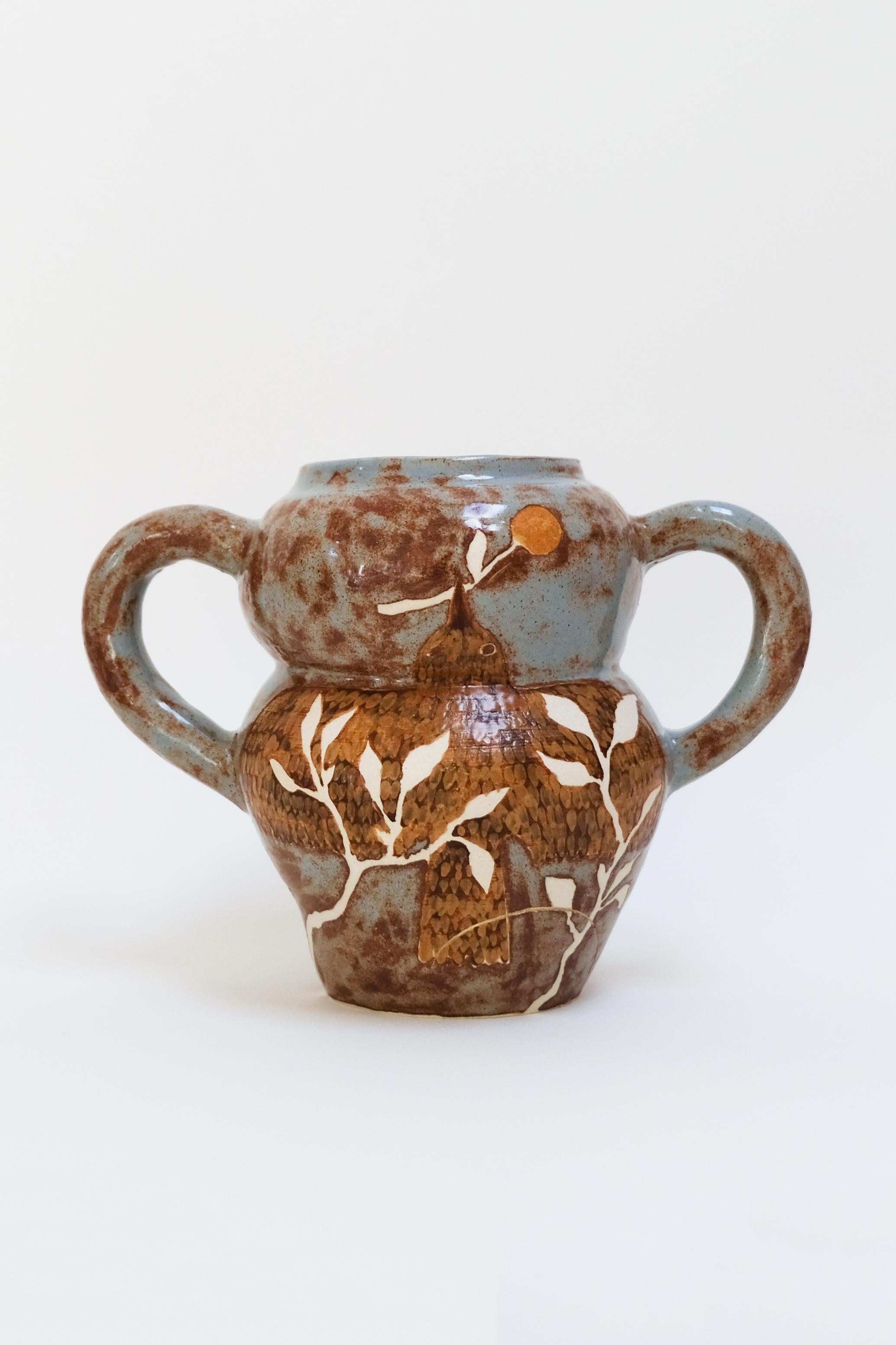Messenger - contemporary warm botanical bird, handled ceramic vase, functional For Sale 3