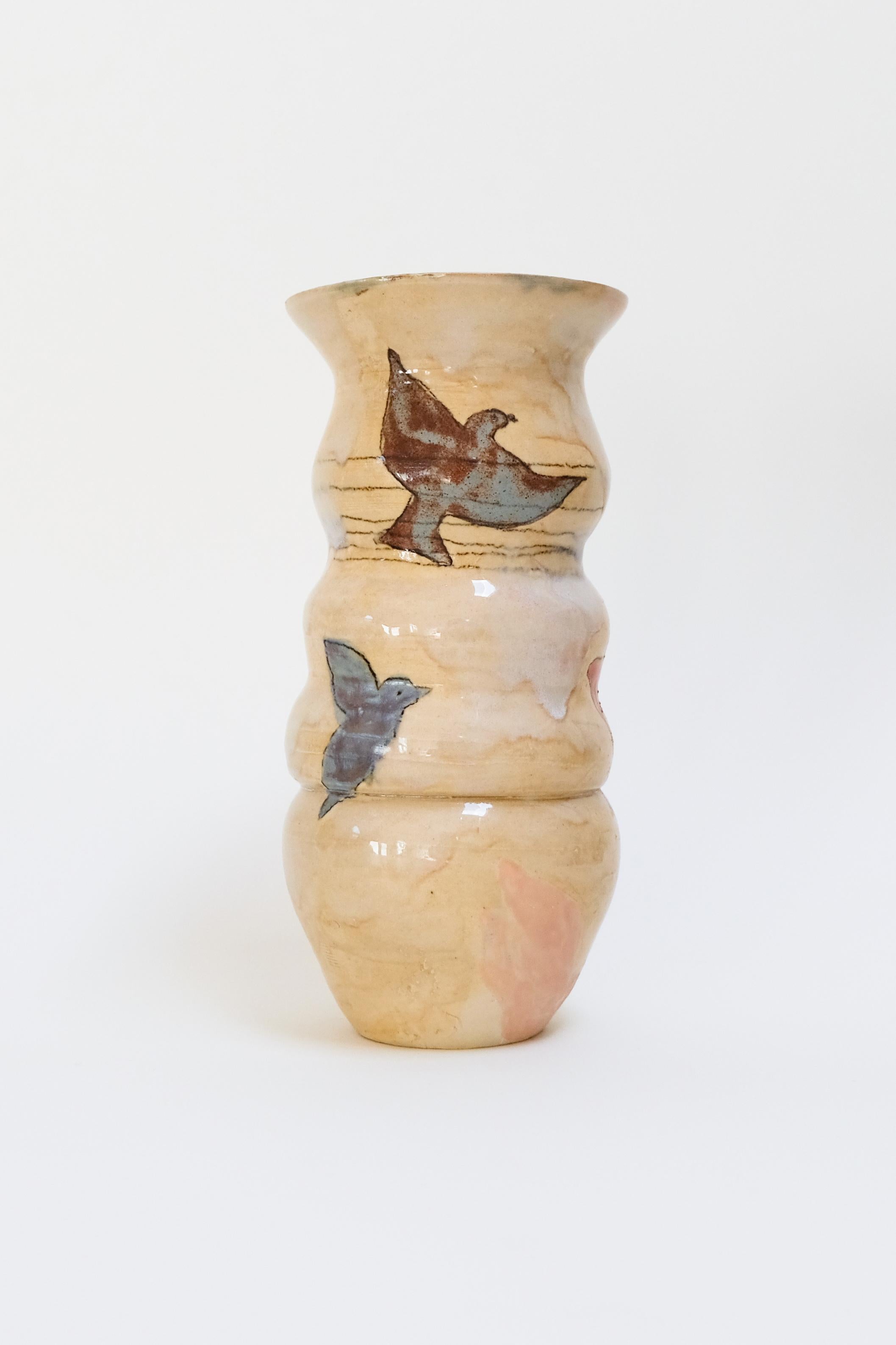 Wade Pigeons - contemporary warm ceramic vase with bird design, functional - Sculpture by Misbah Ahmed