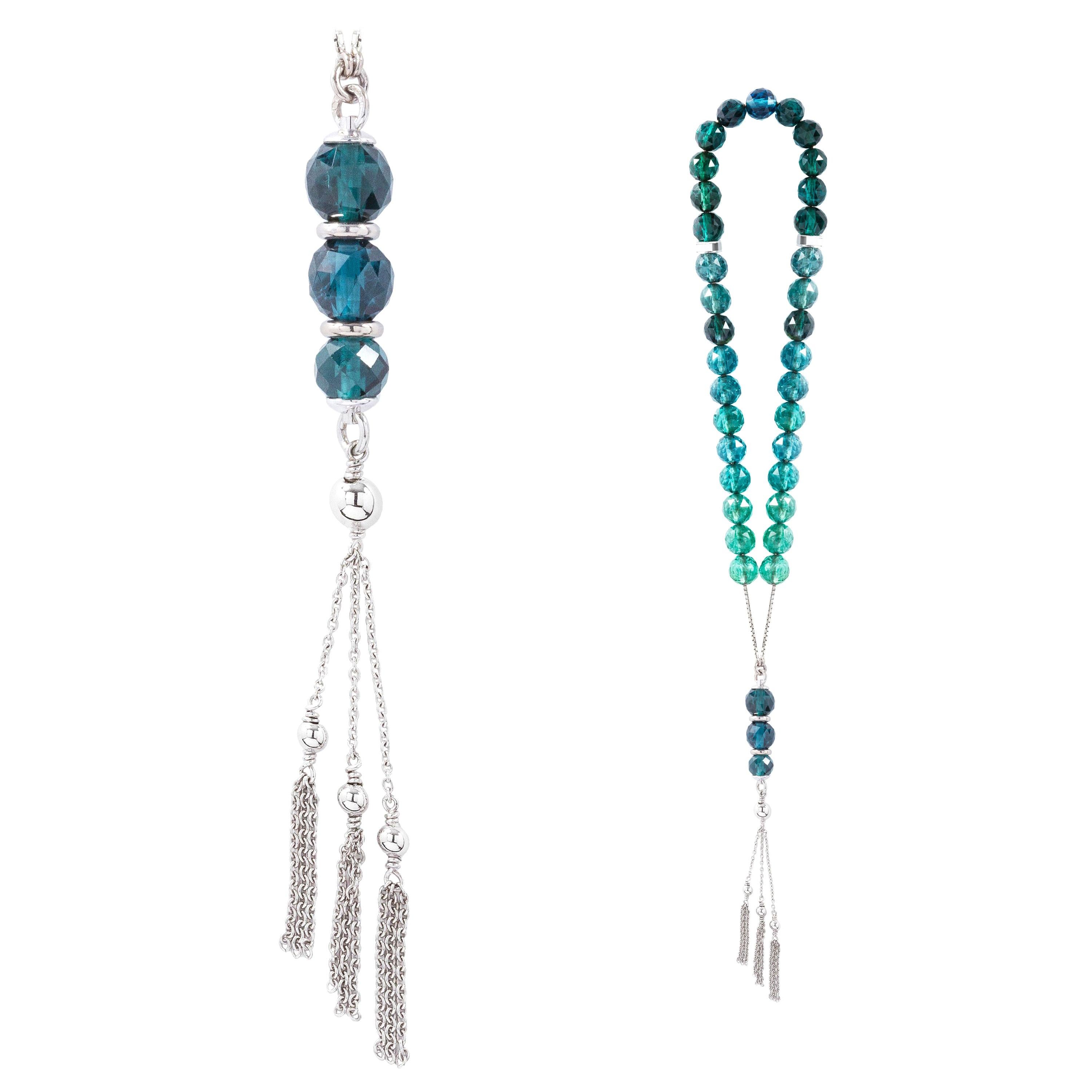 Misbaha 18 Karat White Gold and 33 Blue Green Tourmaline Facetted Beads