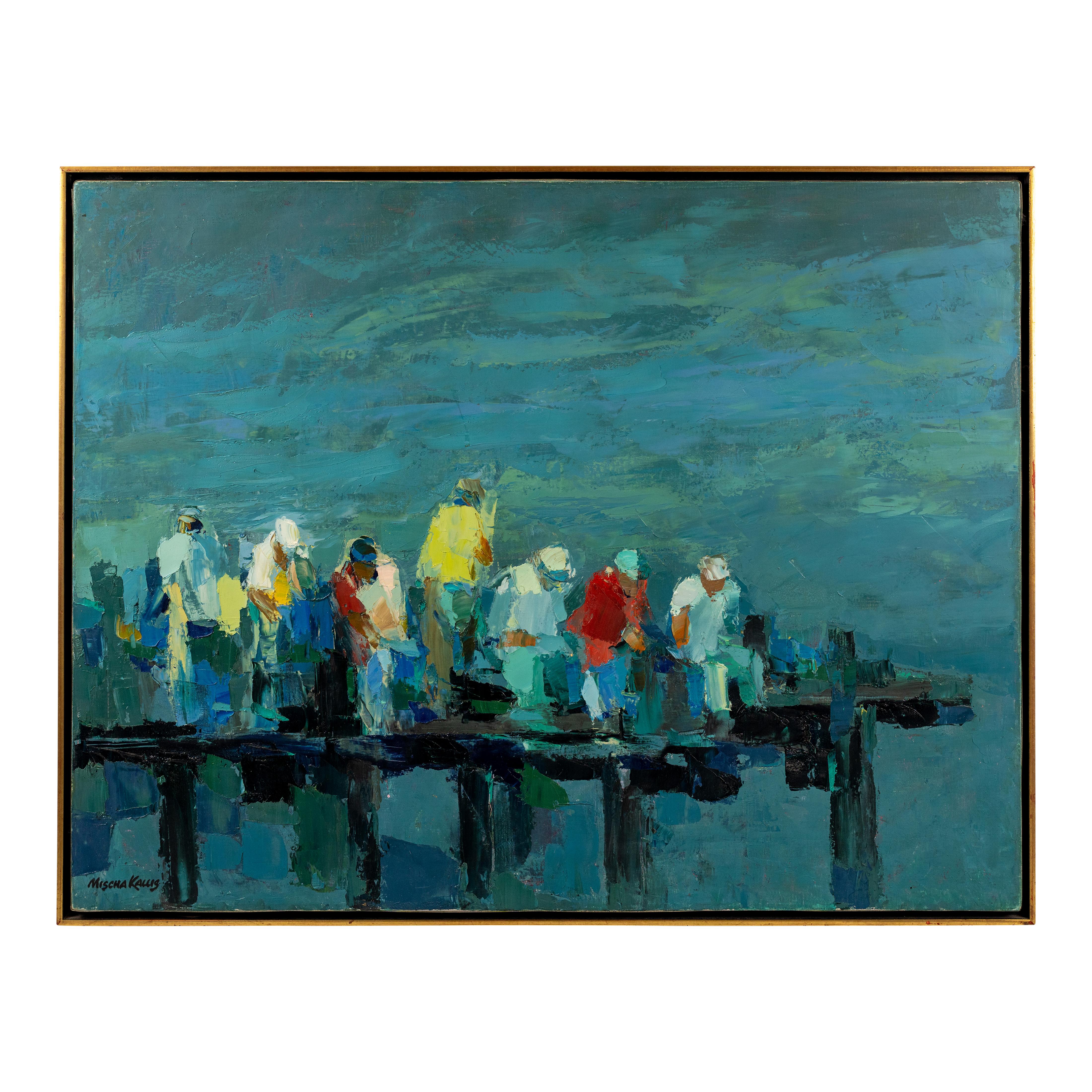 Mischa Kallis Figurative Painting - Figures on a Pier