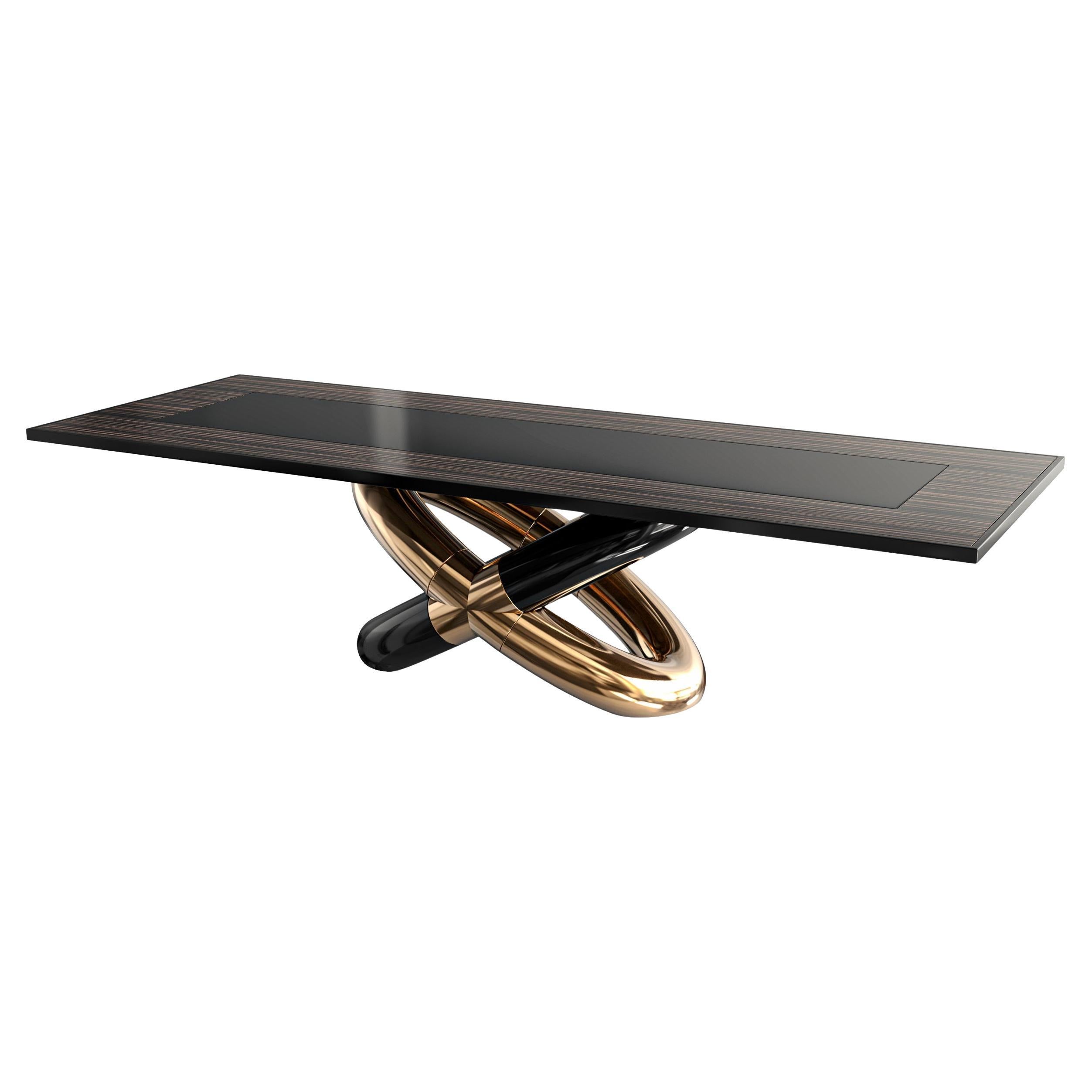 Mesa de comedor "Mise en Place", con bronce, acero inoxidable y madera de cebra, Estambul