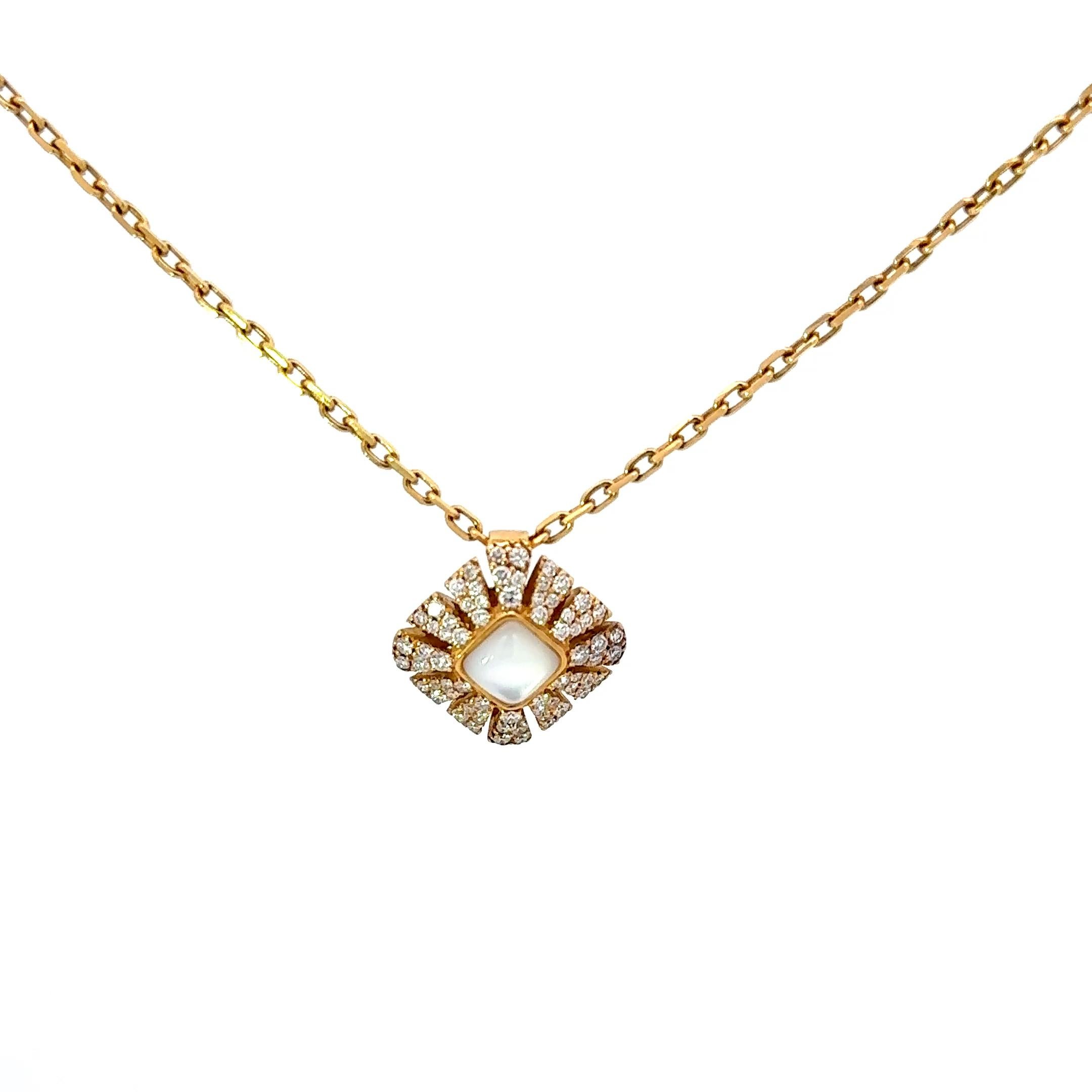 New Miseno Mother-of-Pearl and Diamond Pendant Necklace in 18K Yellow Gold. The pendant features a cabochon cut 0.10ct mother-fo-pearl, accented by 0.53ctw of brilliant round diamonds. The pendant is on an adjustable 15.5-16.5