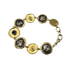 Misento 18 Karat Yellow Gold Blue Gemstone and Diamond Greek Coin Bracelet