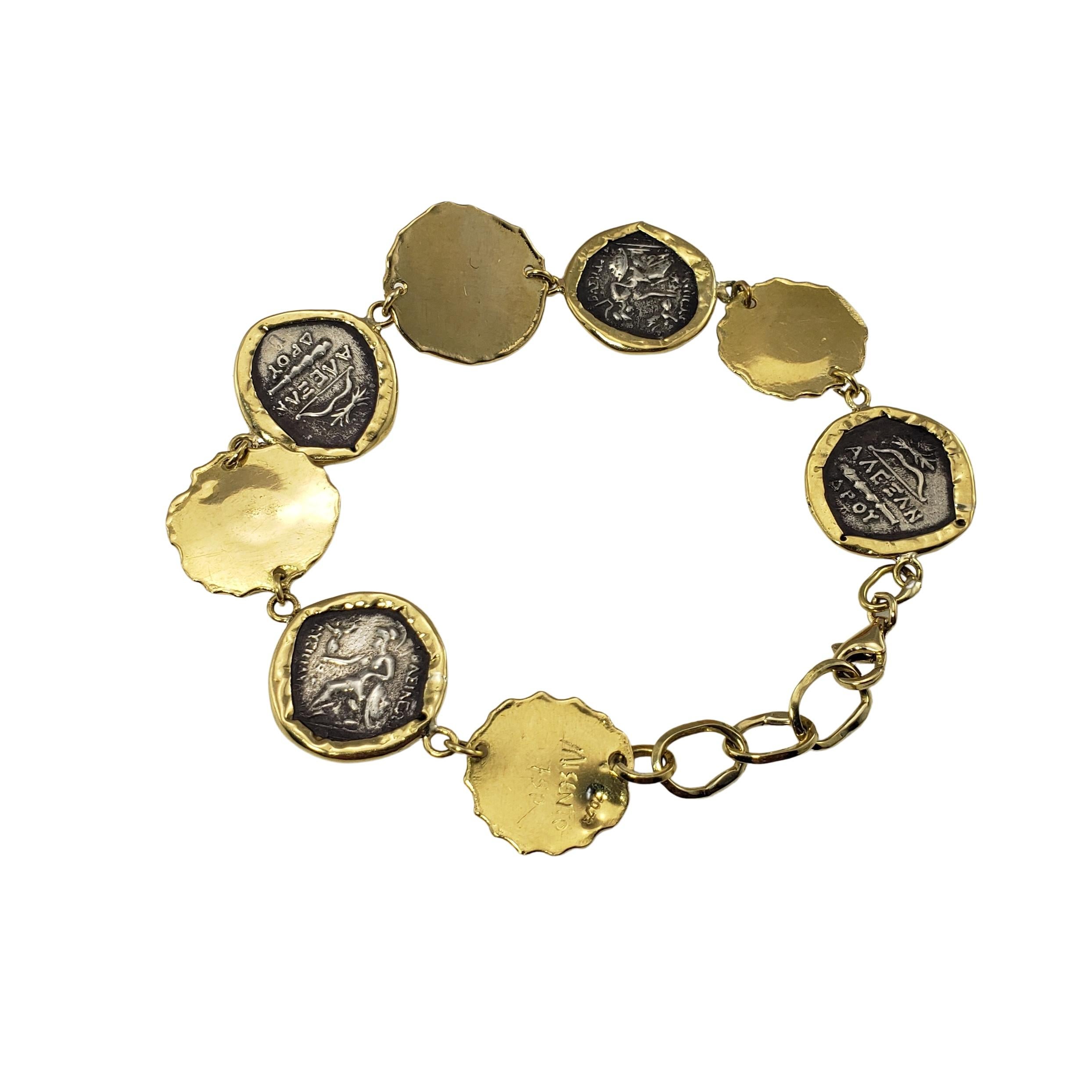 Misento 18 Karat Yellow Gold Blue Gemstone and Diamond Greek Coin Bracelet In Good Condition For Sale In Washington Depot, CT