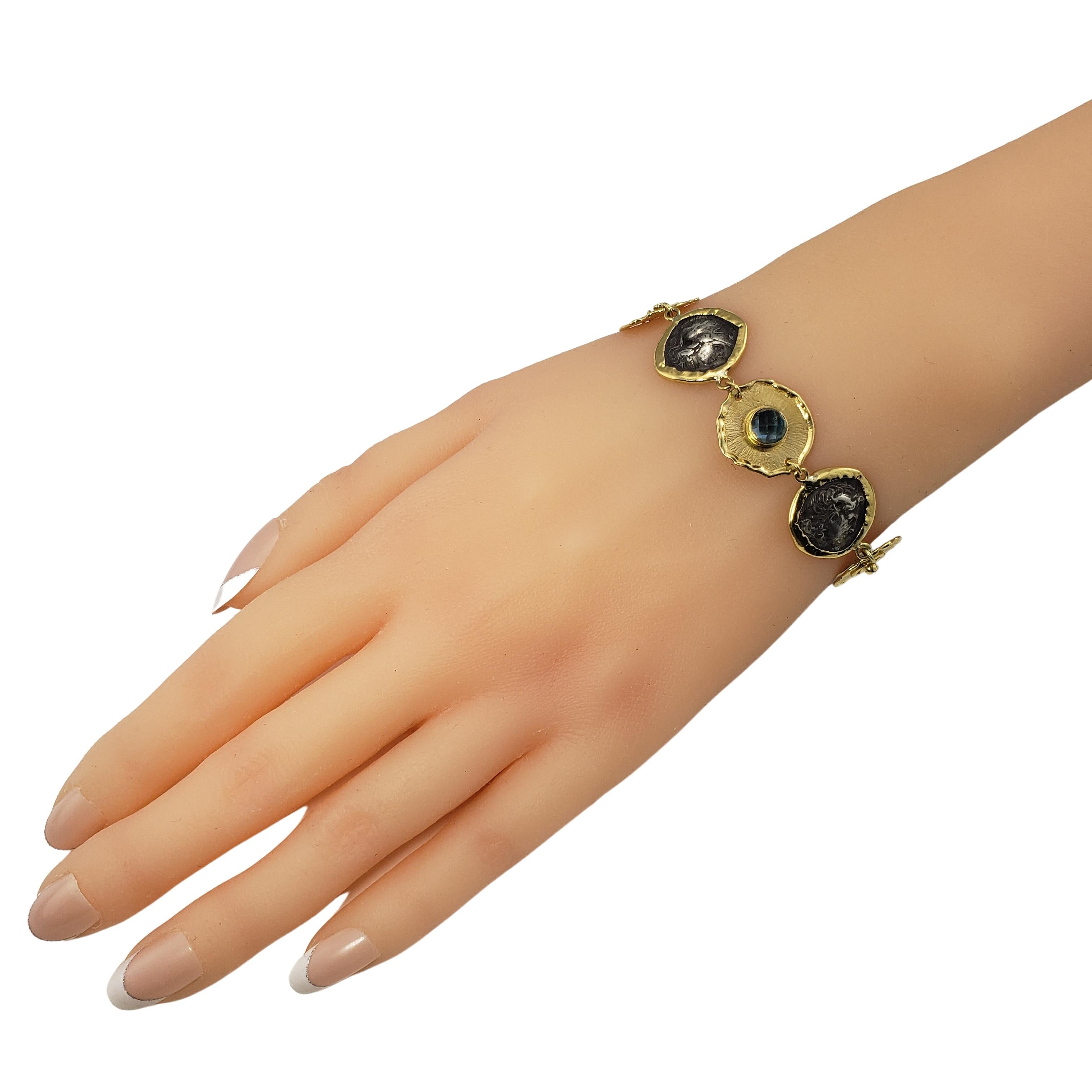 Misento 18 Karat Yellow Gold Blue Gemstone and Diamond Greek Coin Bracelet For Sale 1