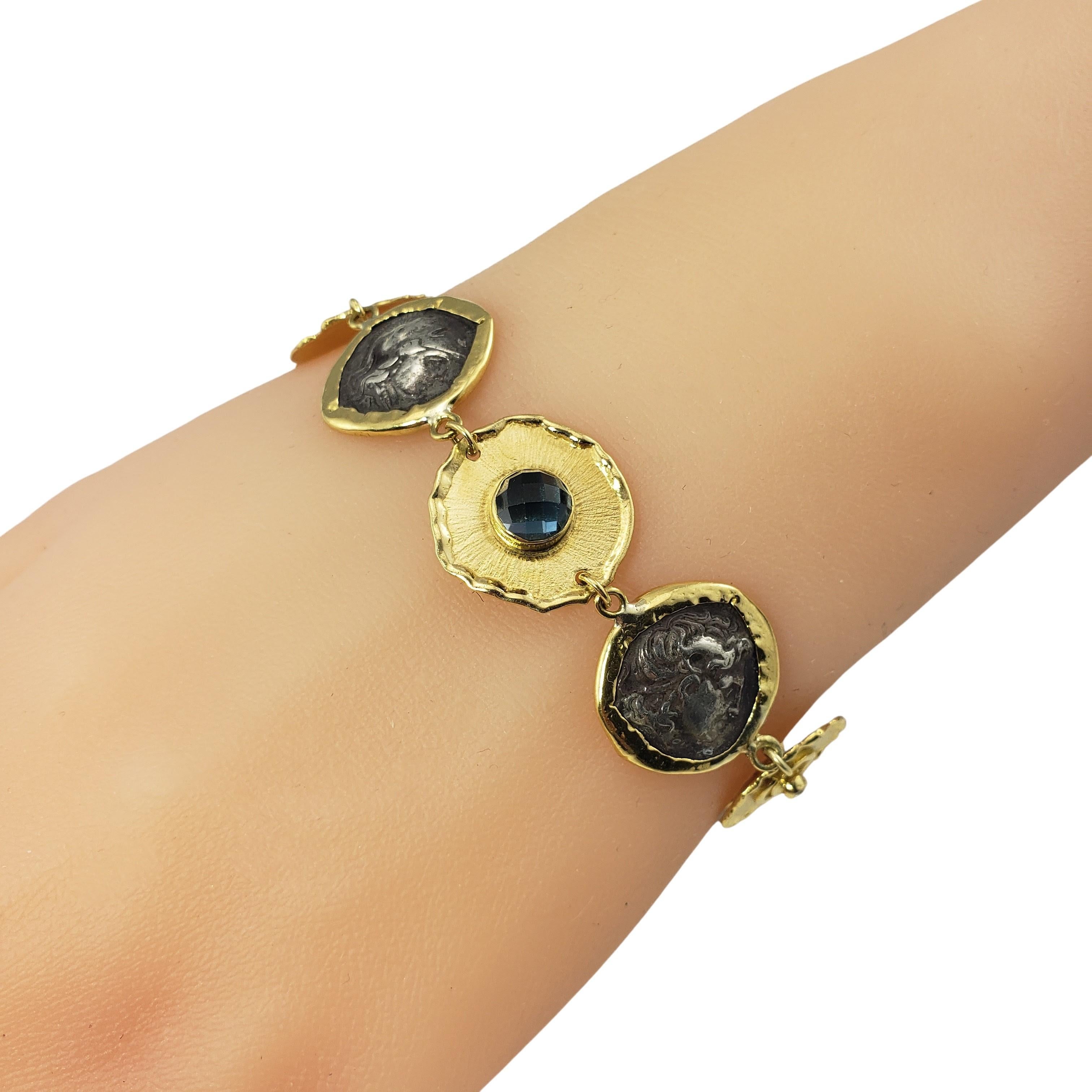 Misento 18 Karat Yellow Gold Blue Gemstone and Diamond Greek Coin Bracelet For Sale 2