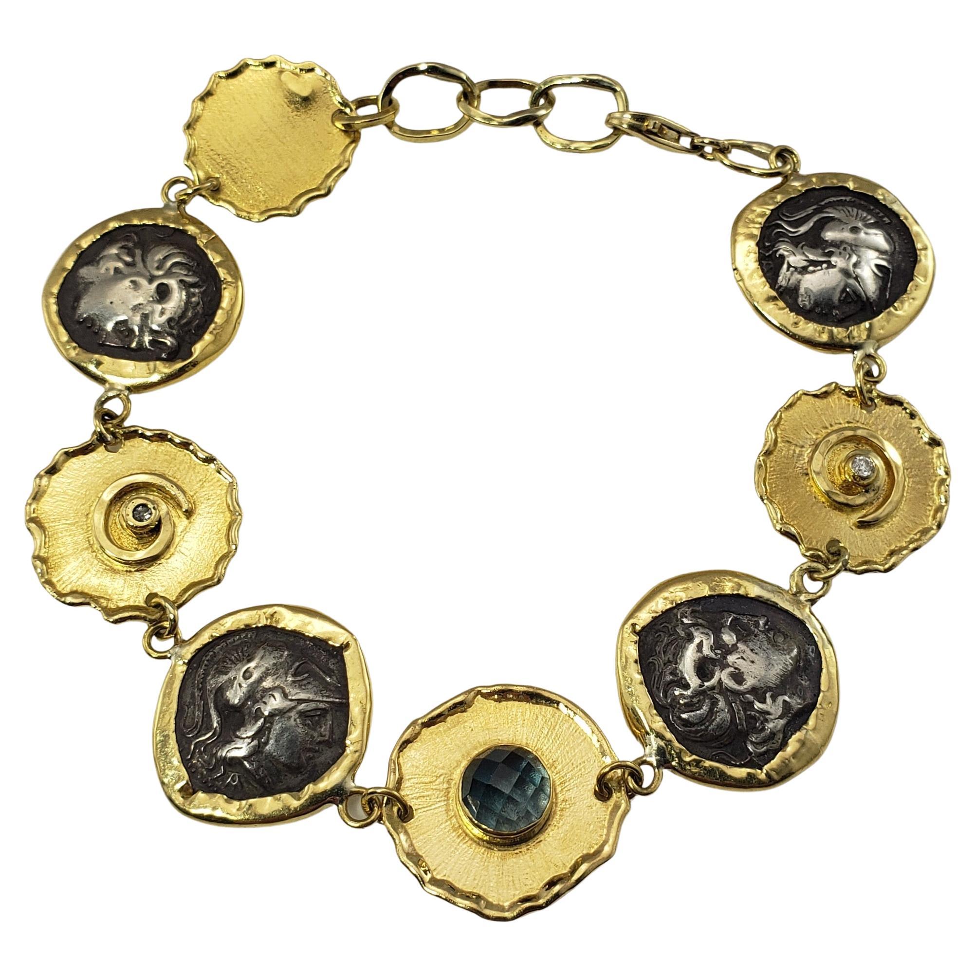 Misento 18 Karat Yellow Gold Blue Gemstone and Diamond Greek Coin Bracelet For Sale
