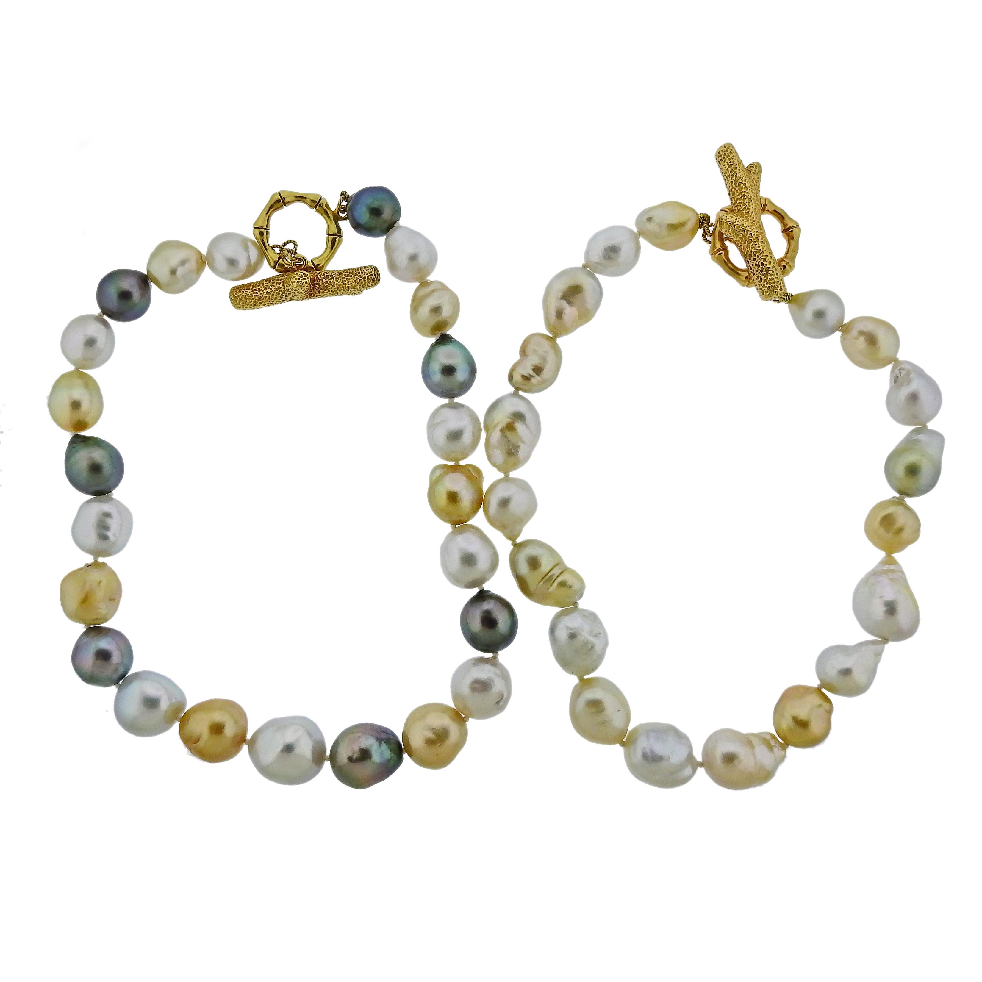 Imressive 18k gold Bamboo & Coral toggle necklace set by Mish NY, both set with multi color Baroque pearls, all measuring 15mm x 17mm to 20mm x 25mm. Necklaces are 19