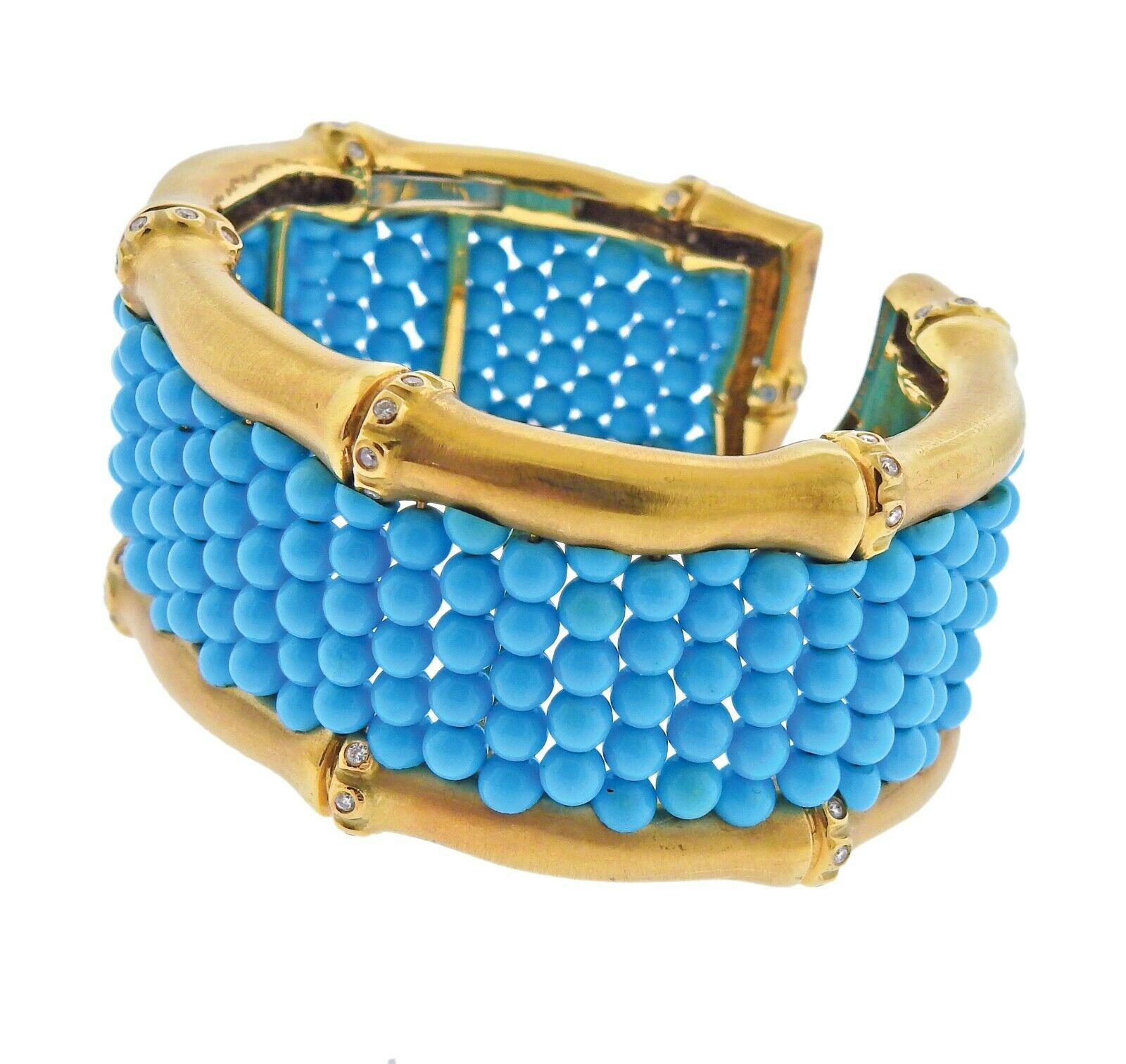 18k Gold Turquoise bracelet crafted by Mish New York, set with approx 0.70ctw of VS/G diamonds. Bracelet will fit up to 6.75