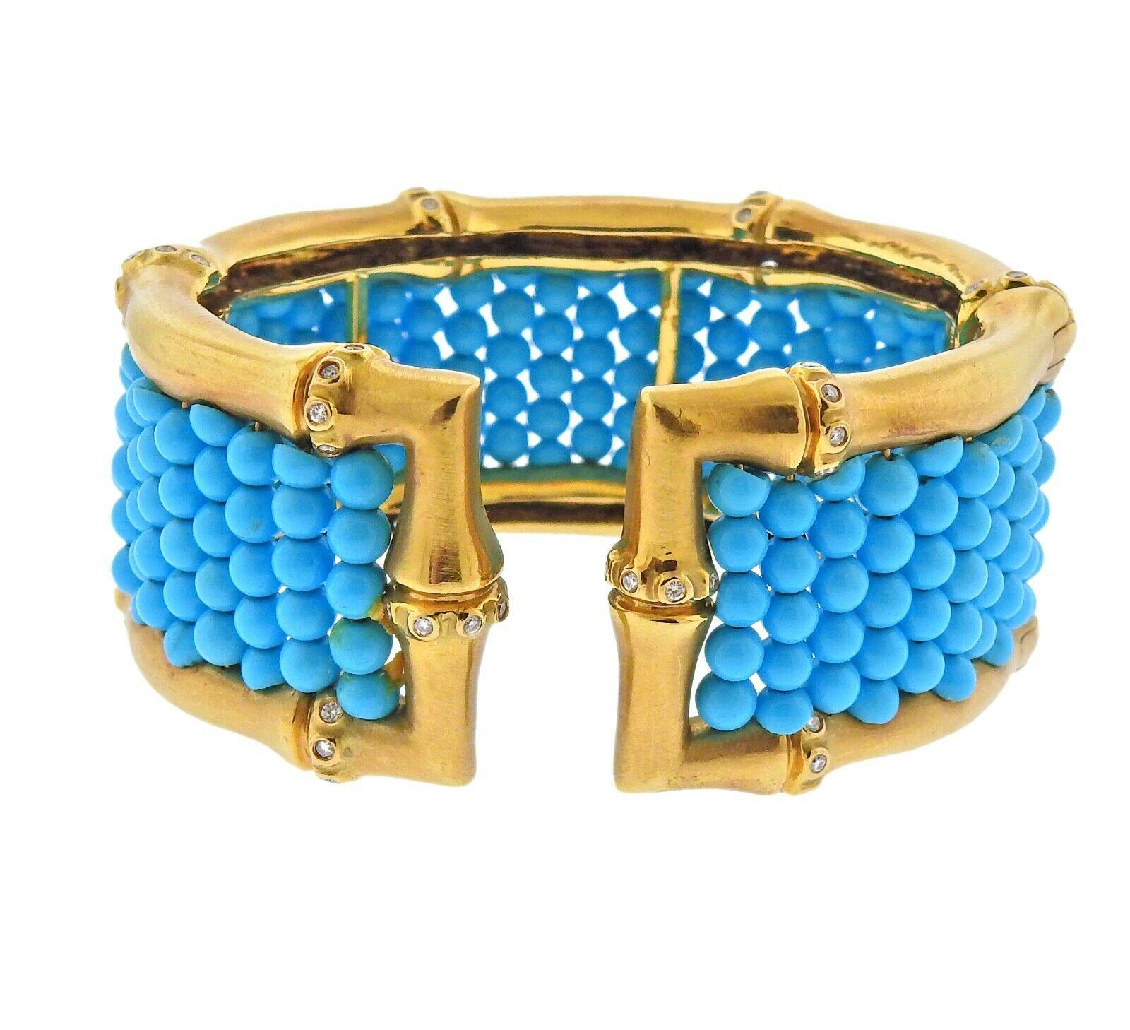 Round Cut Mish New York Turquoise Diamond Gold Cuff Bracelet