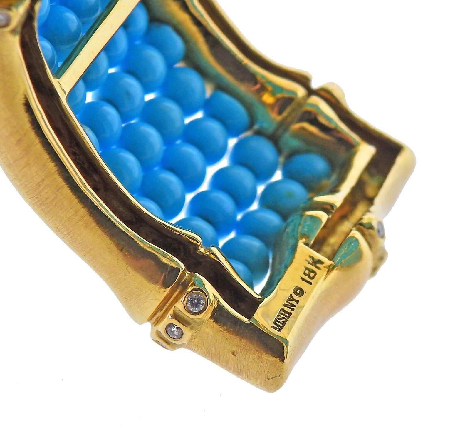 Mish New York Turquoise Diamond Gold Cuff Bracelet In Excellent Condition In Lambertville, NJ