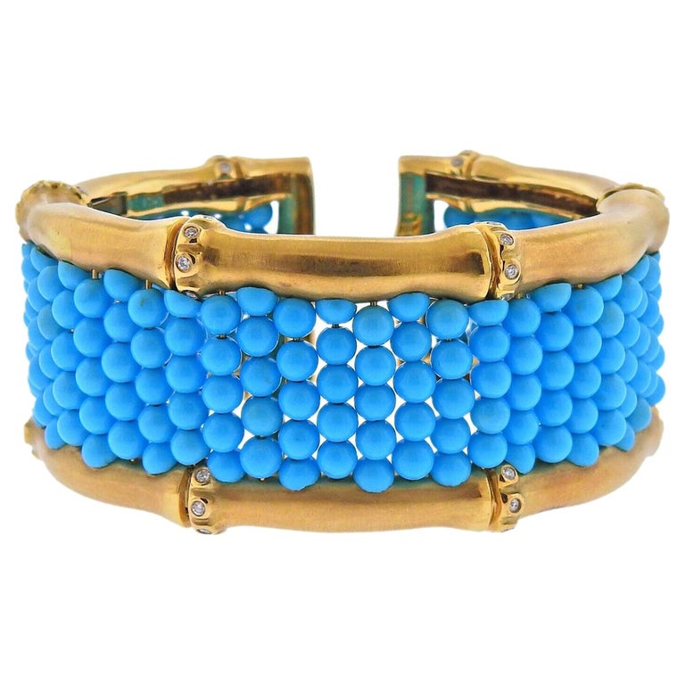 Mish New York Turquoise Diamond Gold Cuff Bracelet at 1stDibs