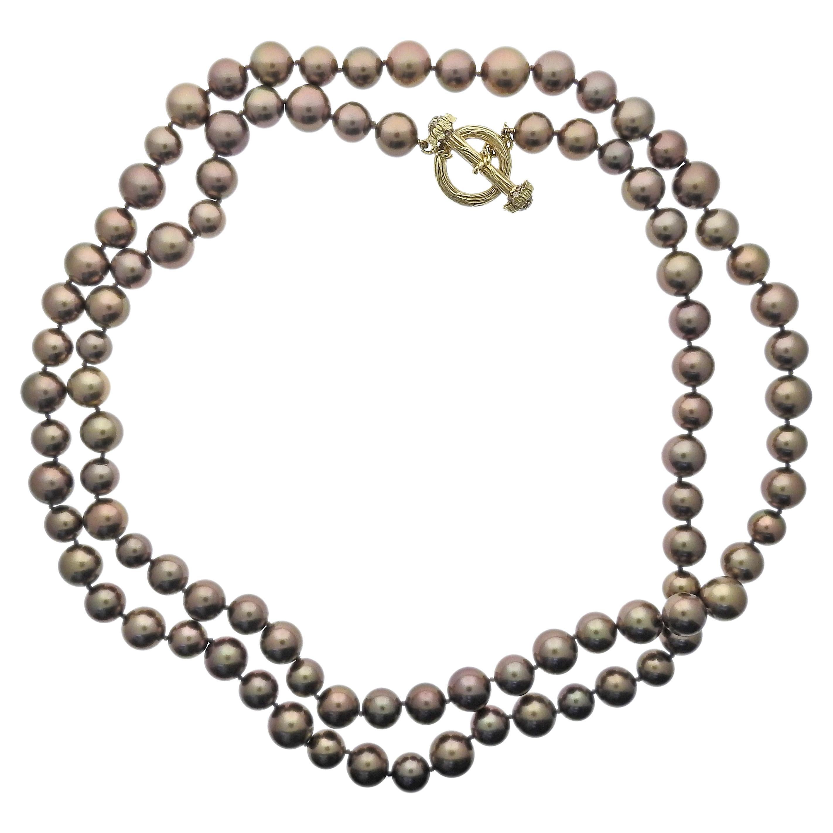 Mish NY Chocolate Pearl Diamond Gold Necklace For Sale