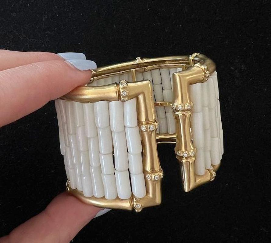 Modern Mish N.Y. White Coral and Diamond Wide Bamboo Cuff Bracelet