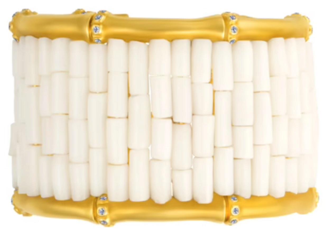 Mish N.Y. White Coral and Diamond Wide Bamboo Cuff Bracelet In Excellent Condition In Beverly Hills, CA