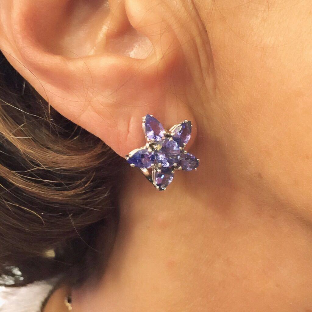Pear Cut Mish Tanzanite and Gold Flower Earrings