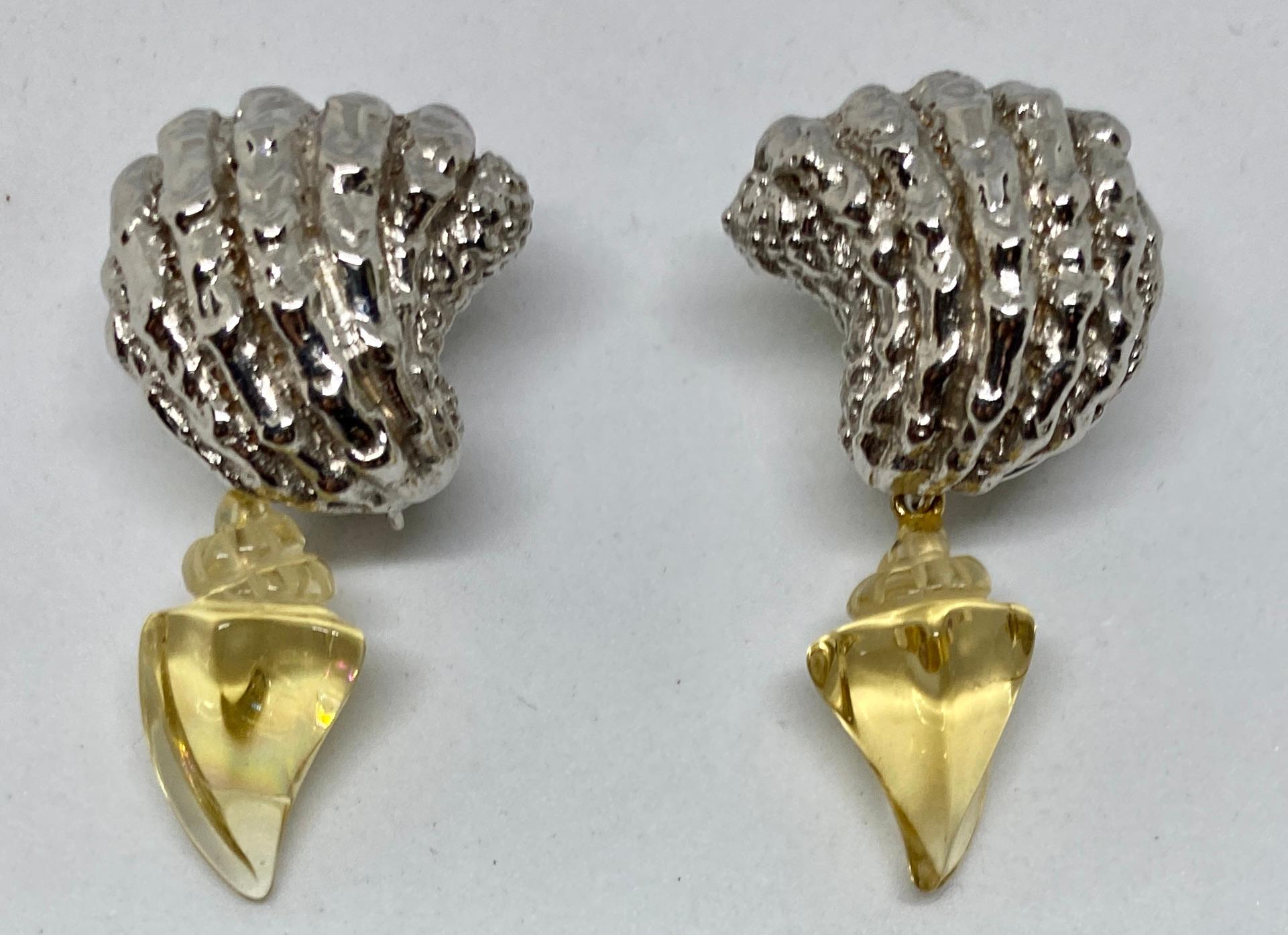 Muschelohrringe aus Weißgold mit Aquamarin, Citrin und Rosenquarz-Anhängern (Zeitgenössisch)