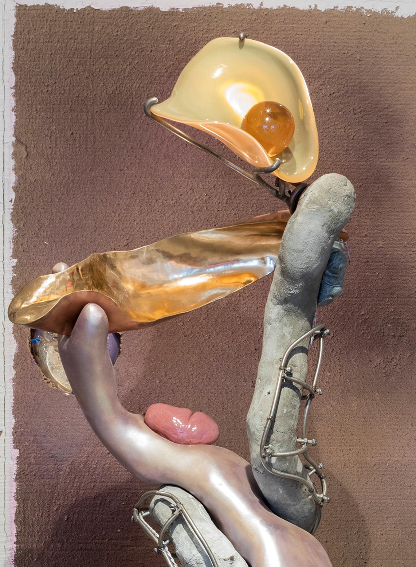 Misha Kahn [American, b. 1989]
Slide to the Right, 2019
Stainless steel, concrete, glass fiberglass, ceramic, bamboo, wool
Measures: 73 x 37 x 37 inches
185.4 x 94 x 94 cm
This work is unique

Misha Kahn was born in Duluth, Minnesota in 1989.