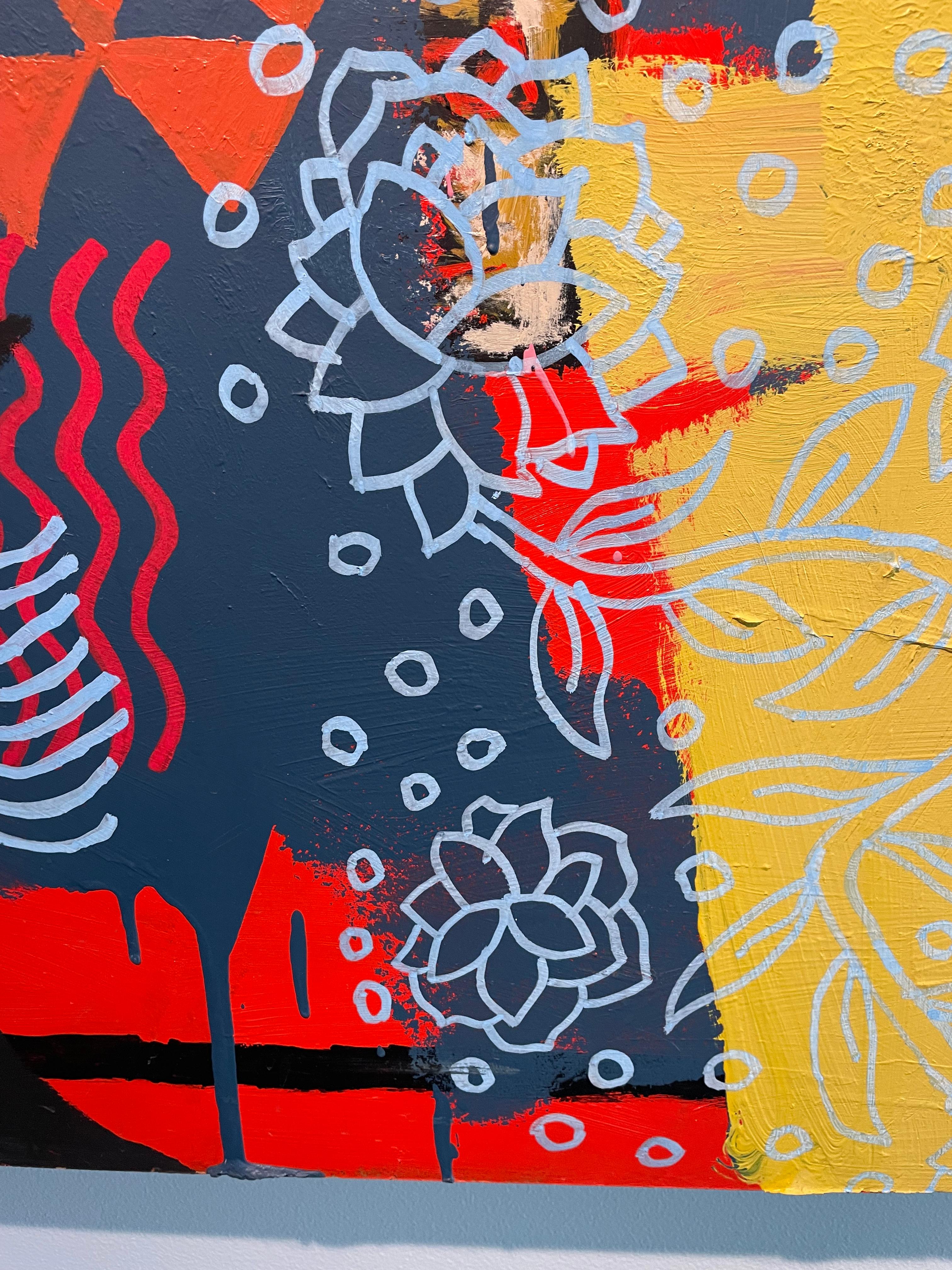Artist: MISHA TYUTYUNIK
Title: MUSE
Medium: Acrylic, mixed media on masonite
Size: 48 x 36 inches
A unique multi-colored painting with a patchwork of shapes and textures depicting an uplifting feminine energy. 
-
Misha Tyutyunik is a Ukrainian-born,
