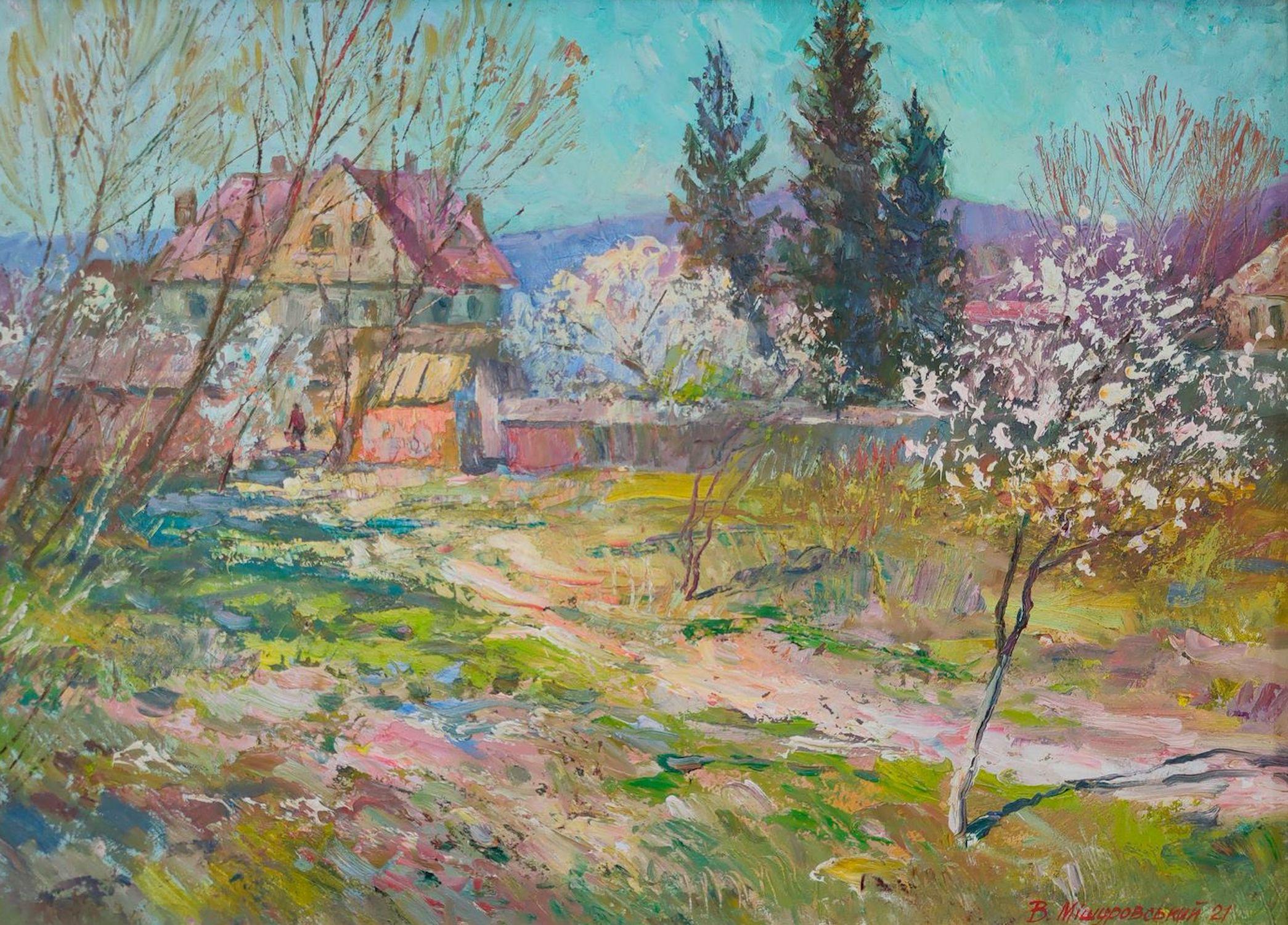 April in the Village, peinture à l'huile originale, prête à être accrochée