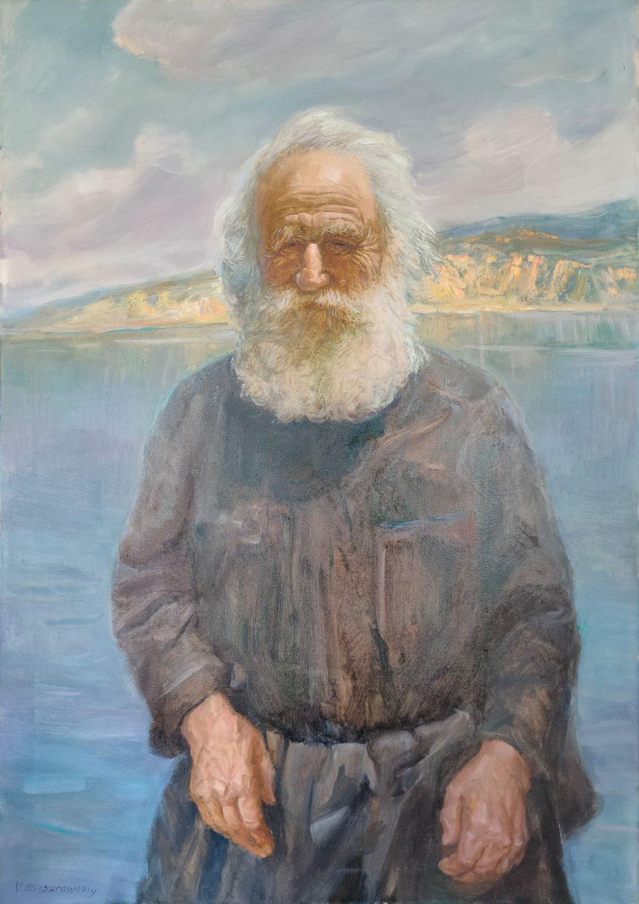 Le père moine Athos Siluan, figuratif, peinture à l'huile originale, prêt à accrocher