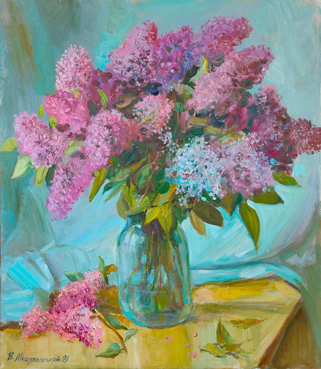 Mishurovskiy V. Still-Life Painting - Lilac still life, Flowers, Original oil Painting, Ready to Hang