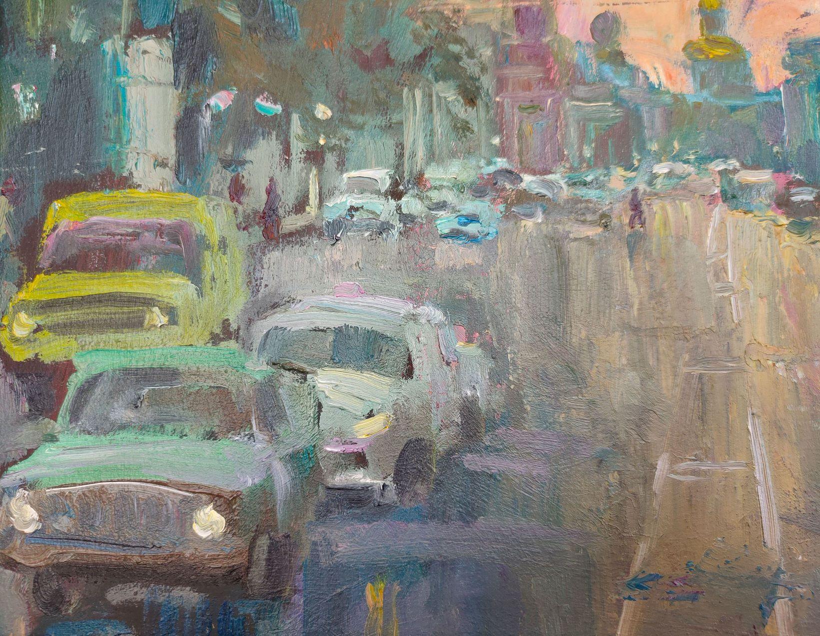 Noisy Avenue, Cityscape, Original oil Painting, Ready to Hang 7