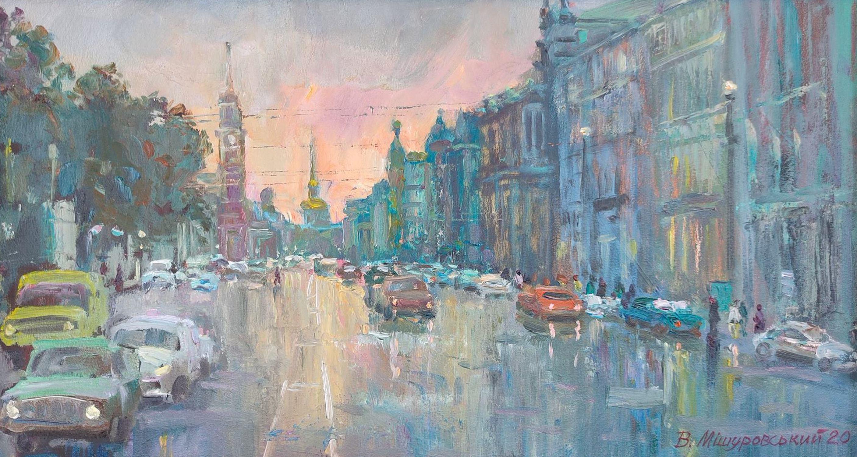 Mishurovskiy V. Landscape Painting - Noisy Avenue, Cityscape, Original oil Painting, Ready to Hang