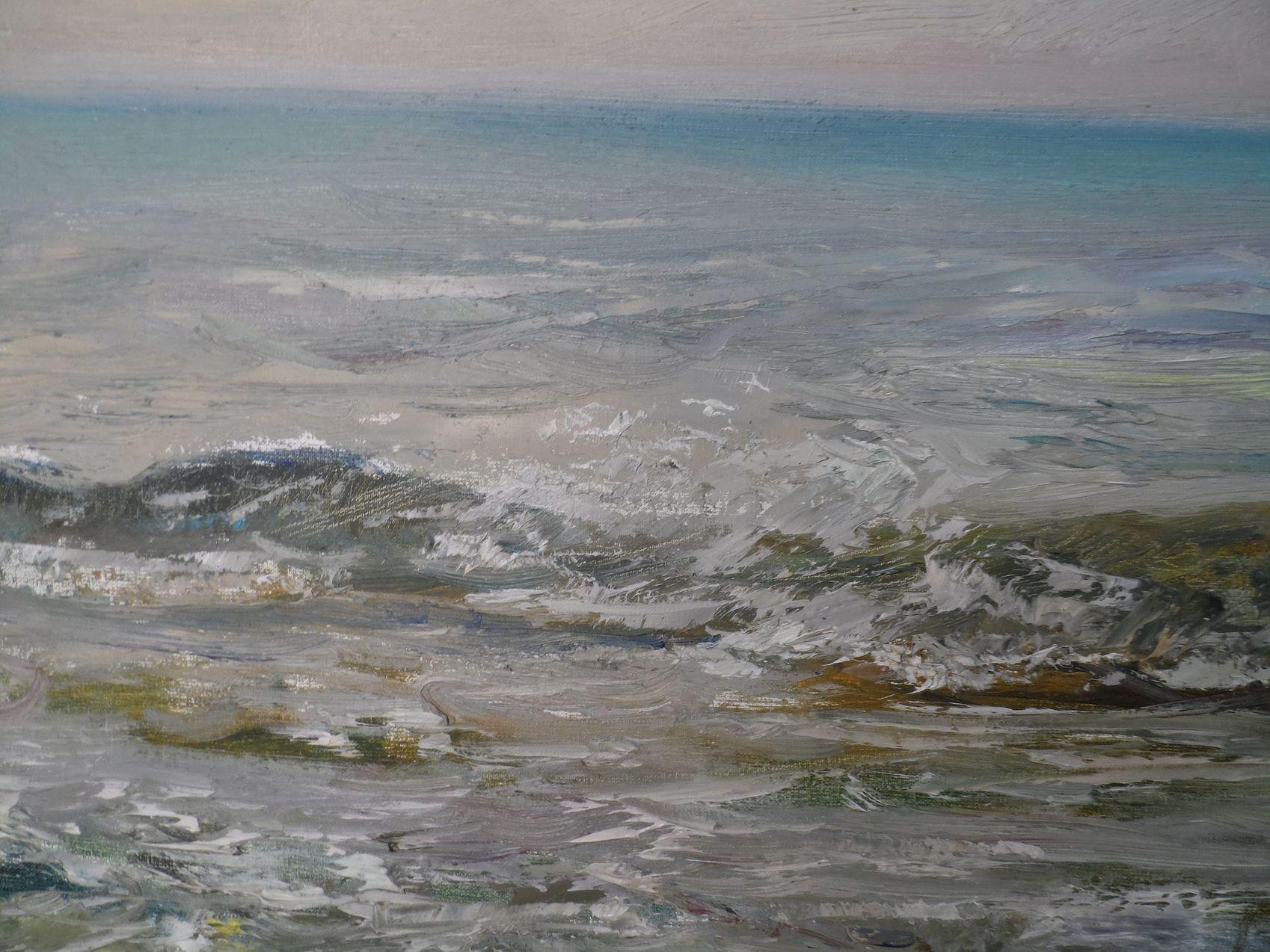Soirée orageuse, paysage marin, peinture à l'huile originale, prête à être accrochée en vente 1