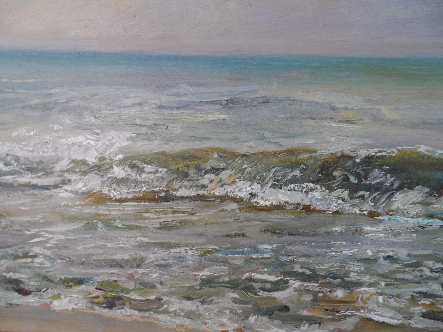Soirée orageuse, paysage marin, peinture à l'huile originale, prête à être accrochée en vente 2